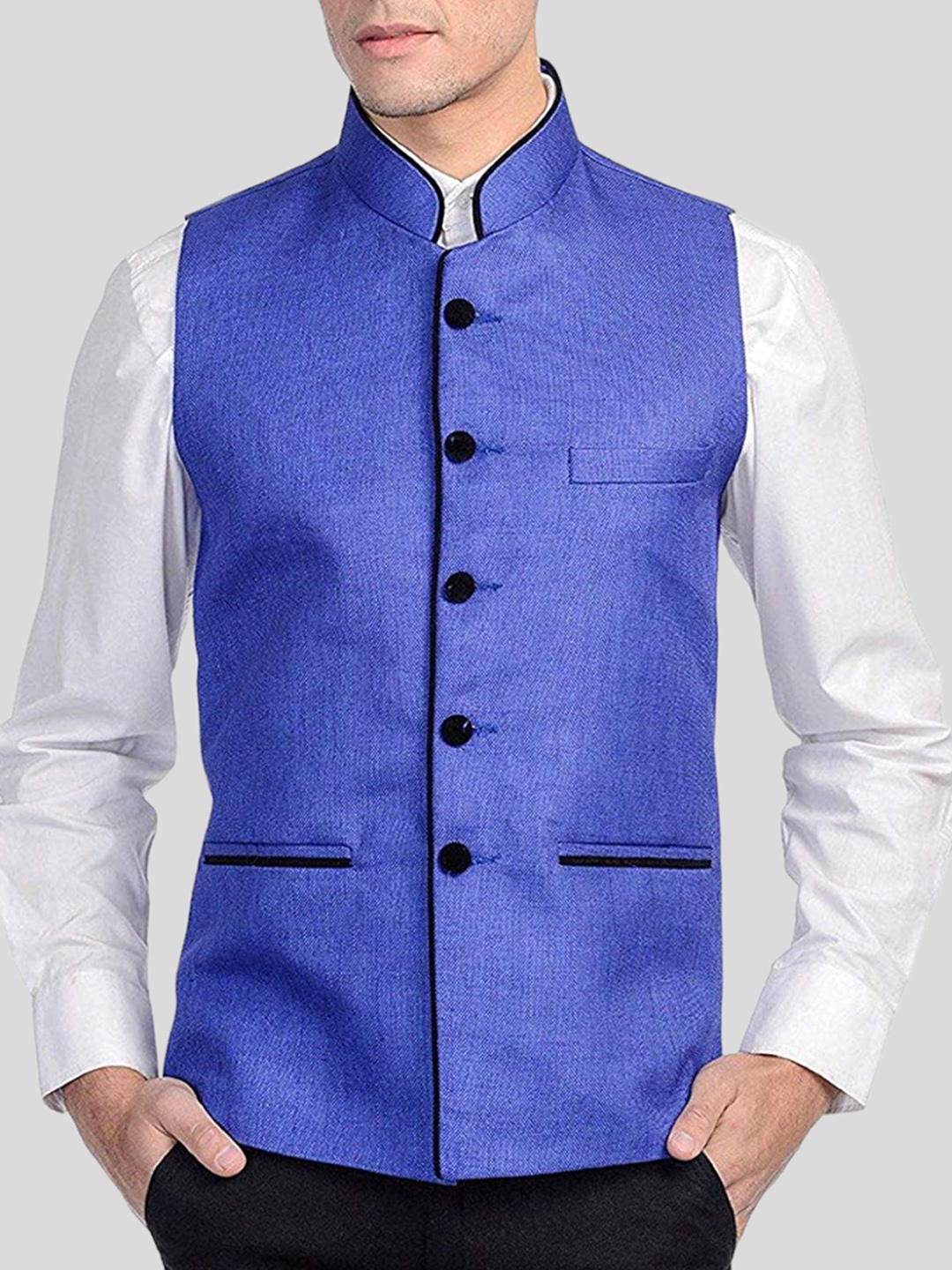 

Vastraa Fusion Men Blue Solid Woven Nehru Jackets