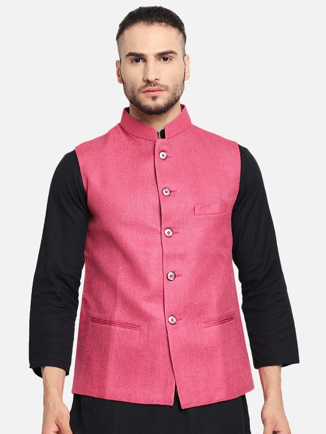 

Vastraa Fusion Men Pink Solid Woven Nehru Jacket