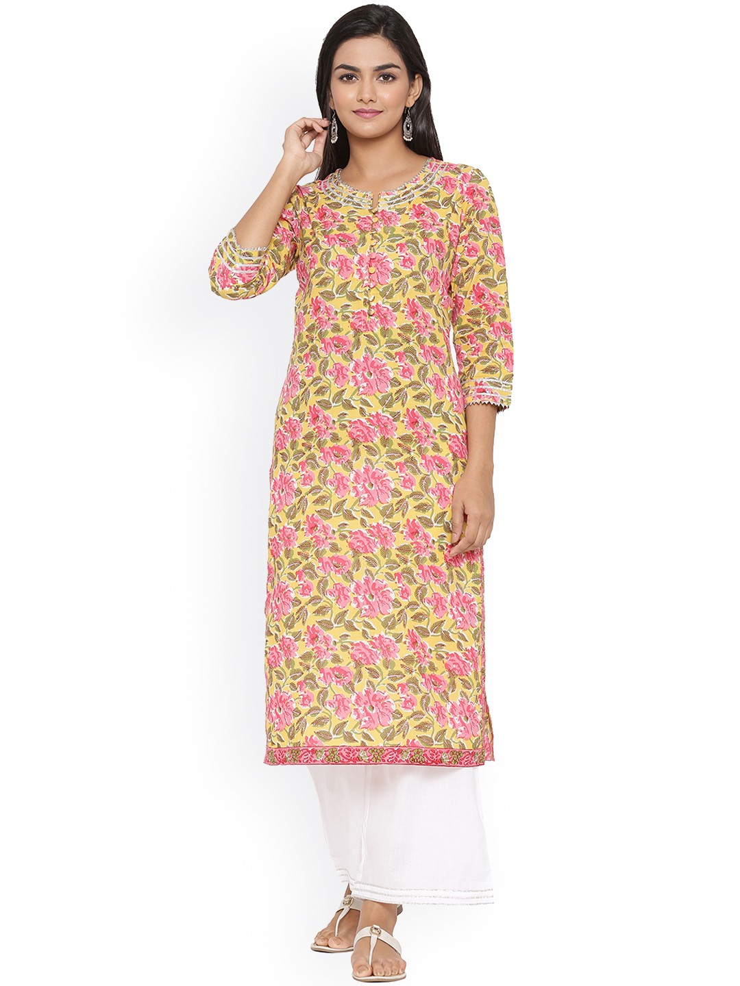 

mirari Women Pink Floral Printed Mirror Work Floral Kurta