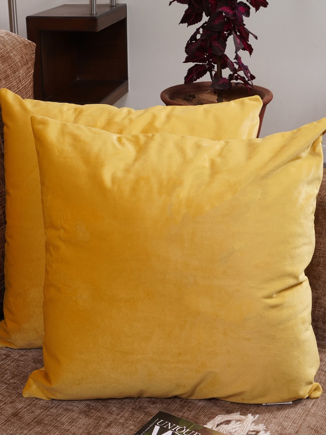 

HOMEMONDE Set of 2 Yellow Velvet Square Cushion Covers