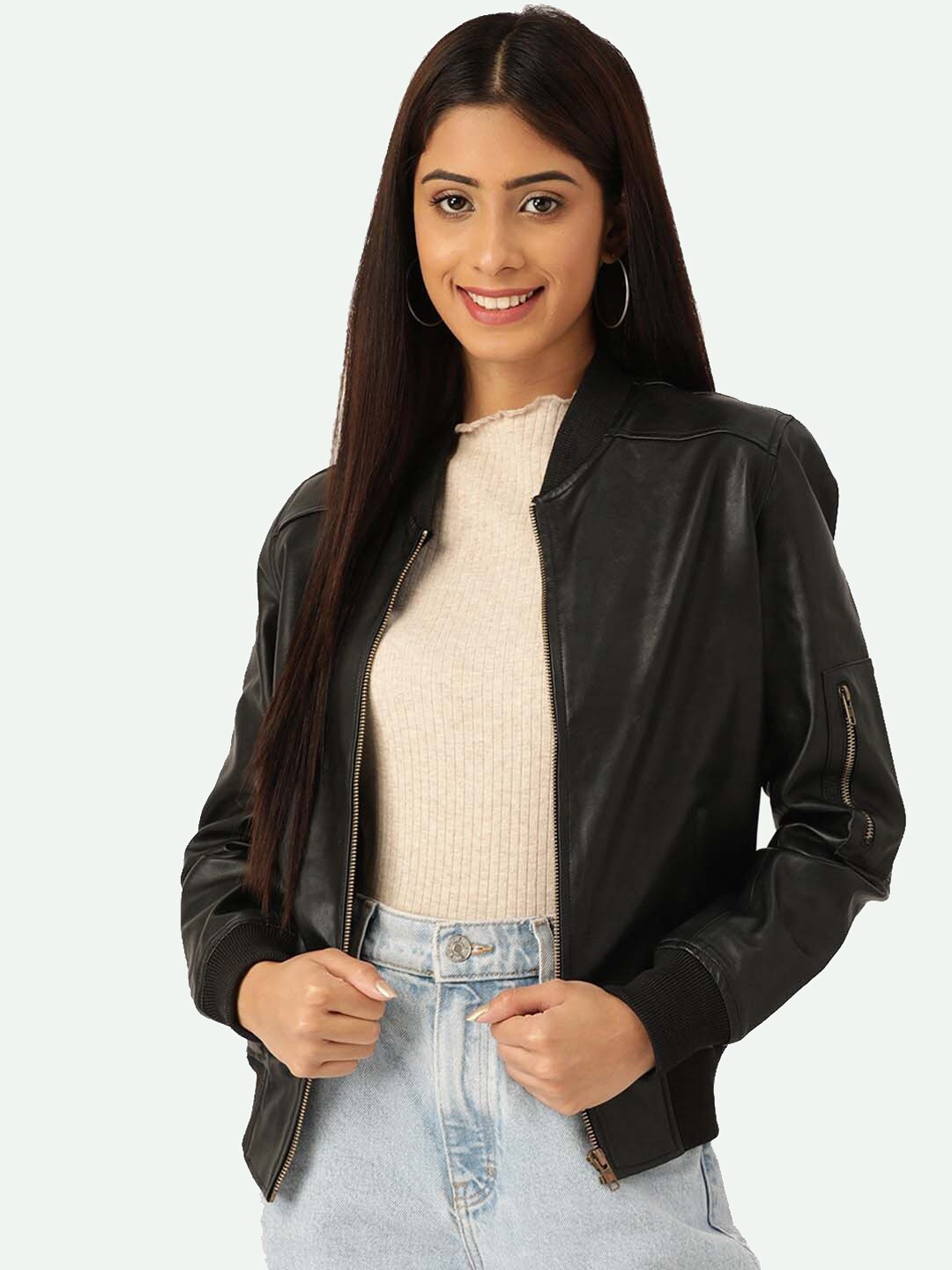 

Leather Retail Women Black Outdoor Bomber Jacket