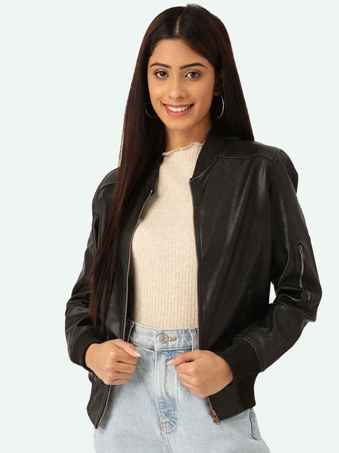 Leather Retail Women Black Outdoor Bomber Jacket