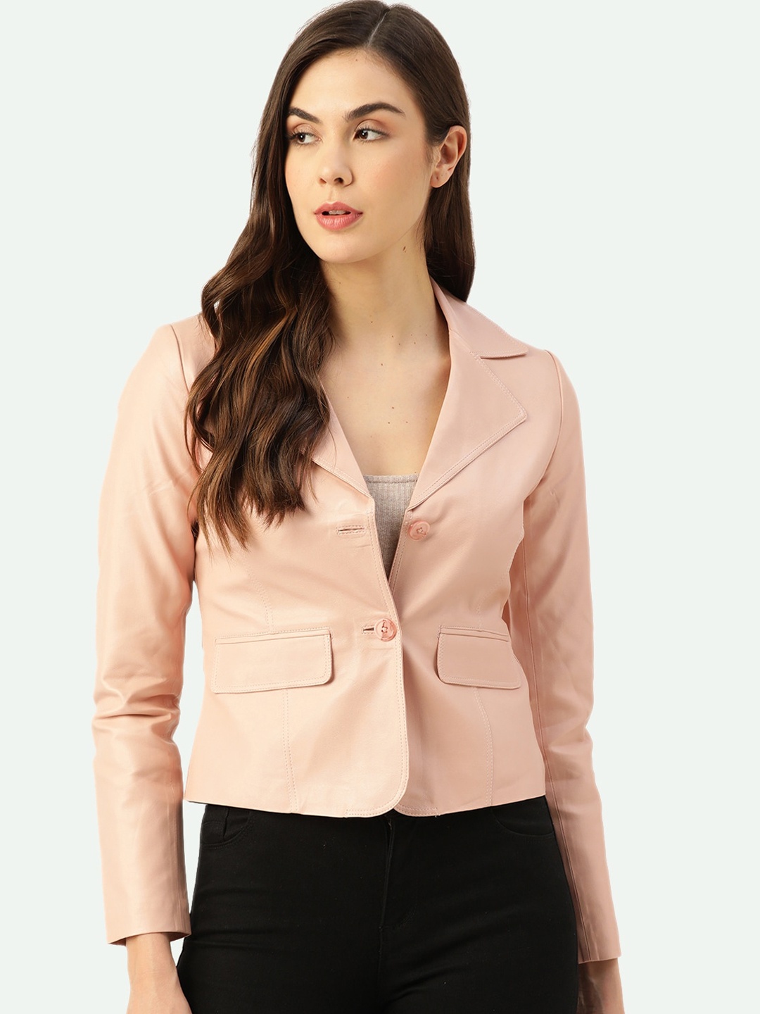 

Leather Retail Women Pink Faux Leather Blazer