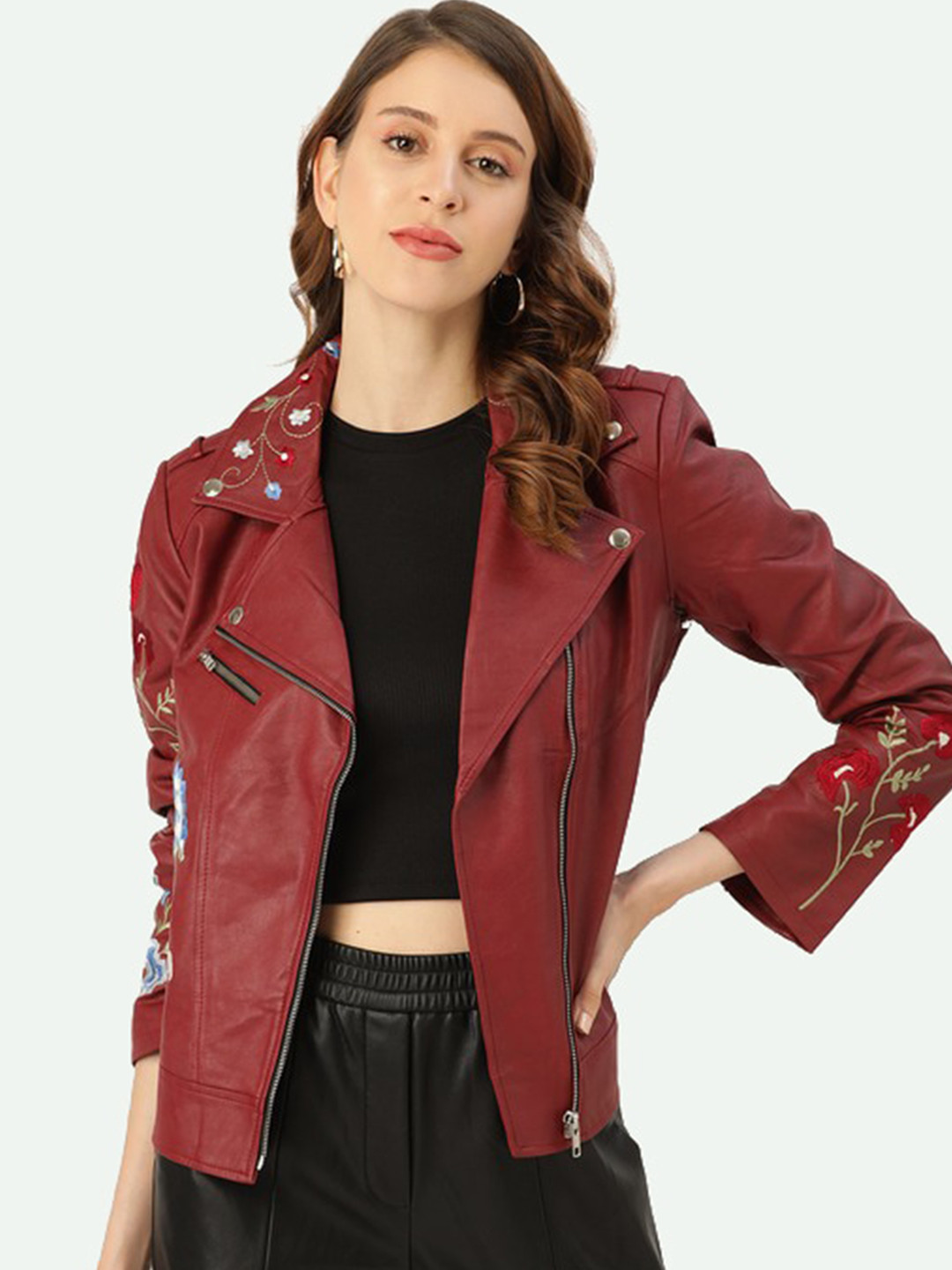 

Leather Retail Women Red Floral Embroidered Open Front Jacket