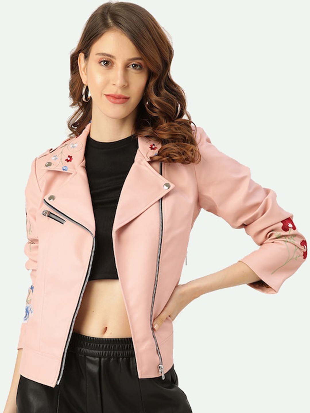 

Leather Retail Women Pink Embroidered Biker Jacket