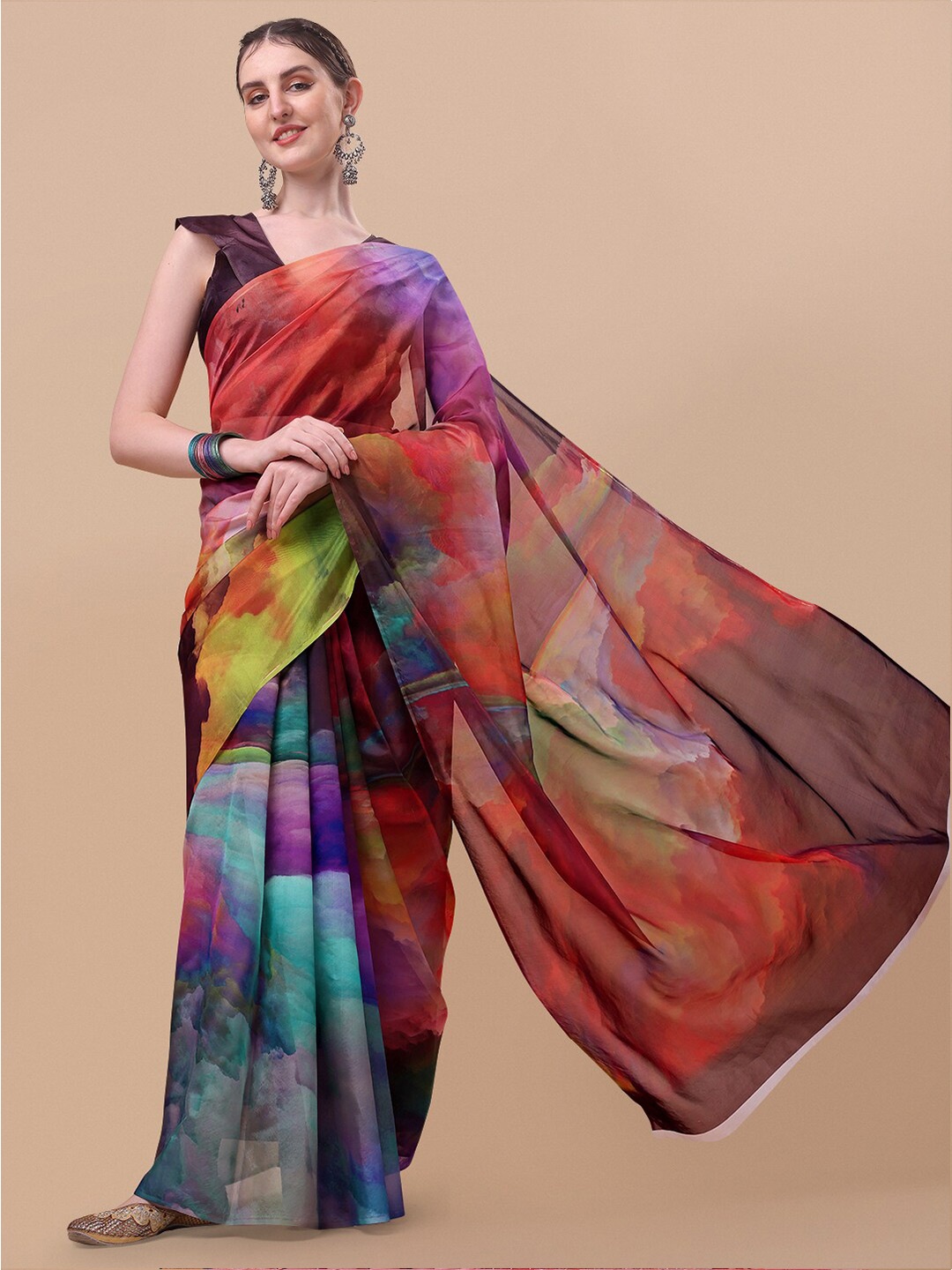 

Sangria Red & Blue Tie and Dye Organza Saree