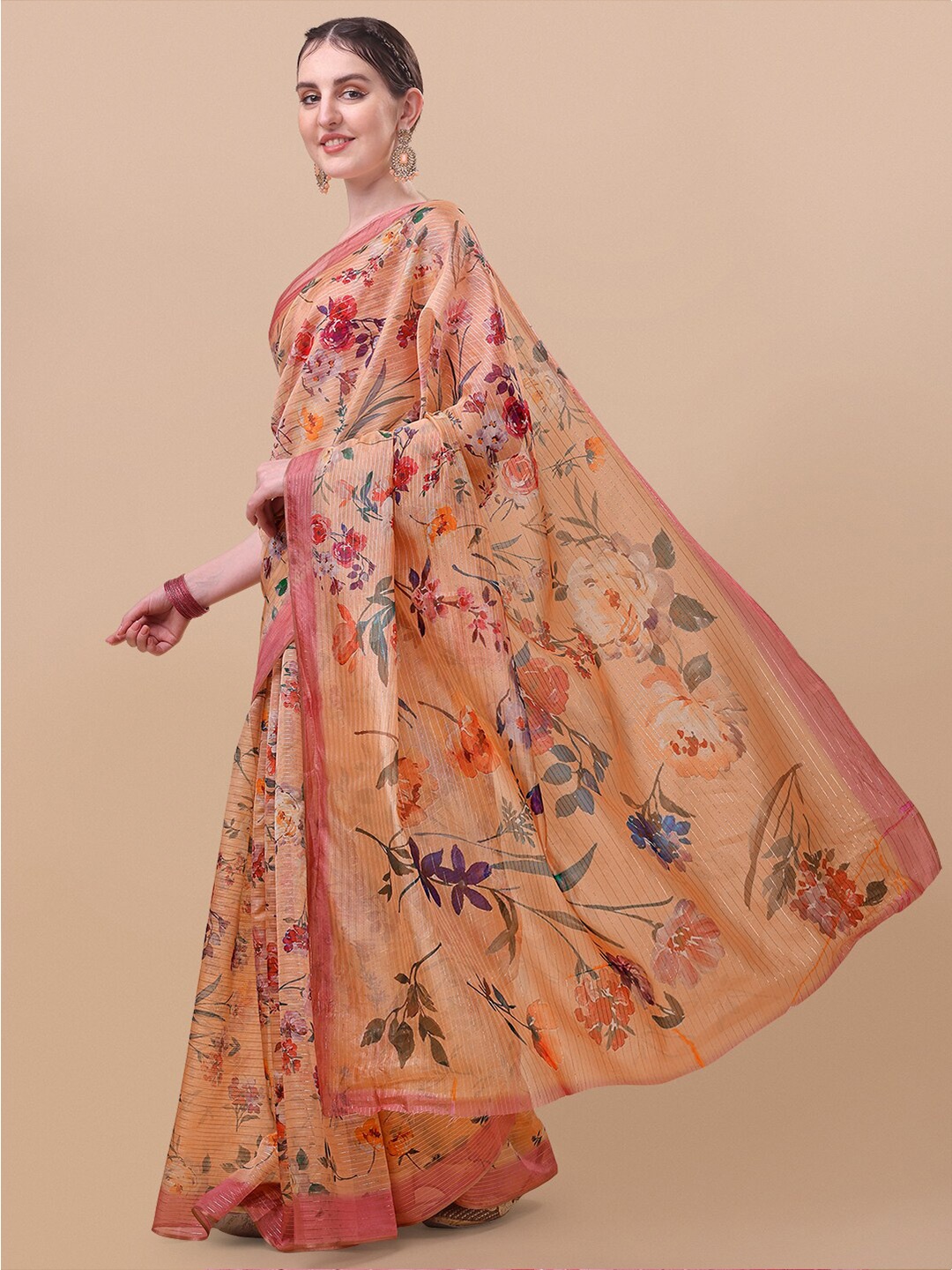 

Sangria Beige & Peach-Coloured Floral Organza Saree