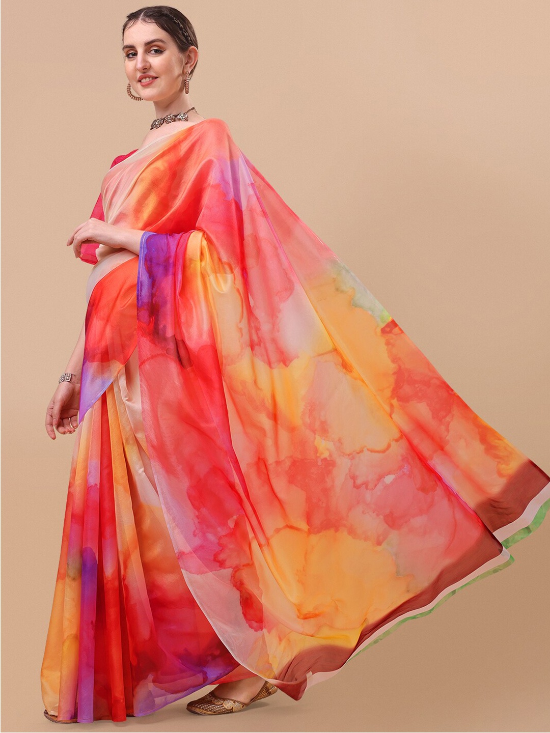 

Sangria Yellow & Orange Tie and Dye Organza Saree