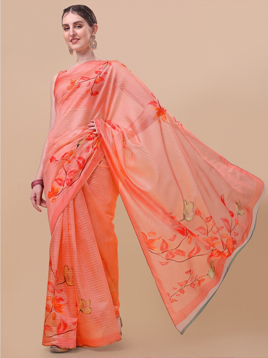

Sangria Peach-Coloured Floral Organza Saree