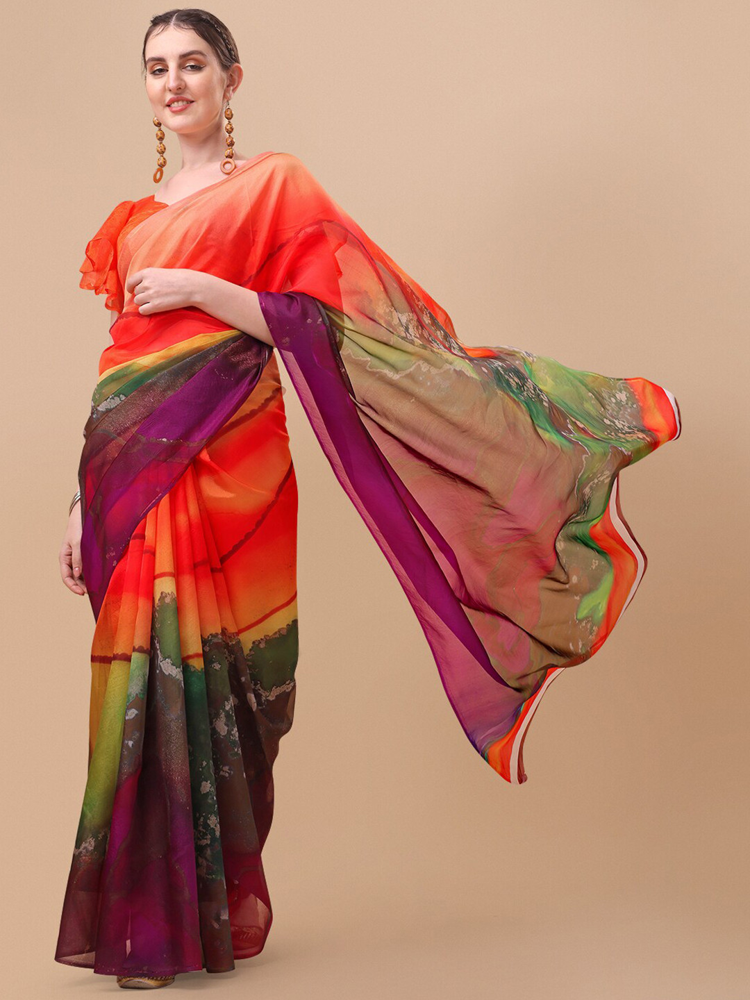 

Sangria Orange & Purple Printed Organza Saree