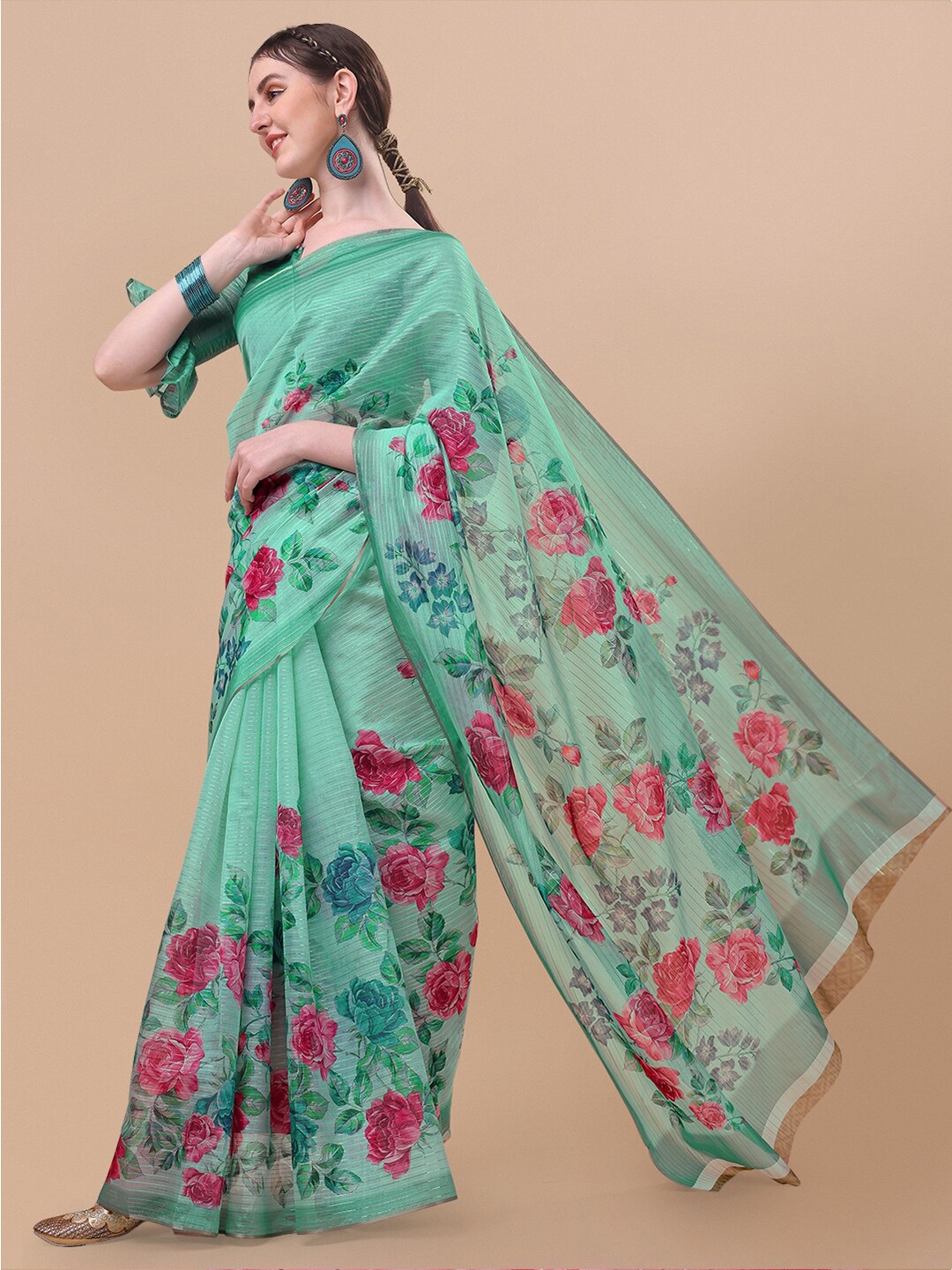 

Sangria Green & Red Floral Printed Organza Saree