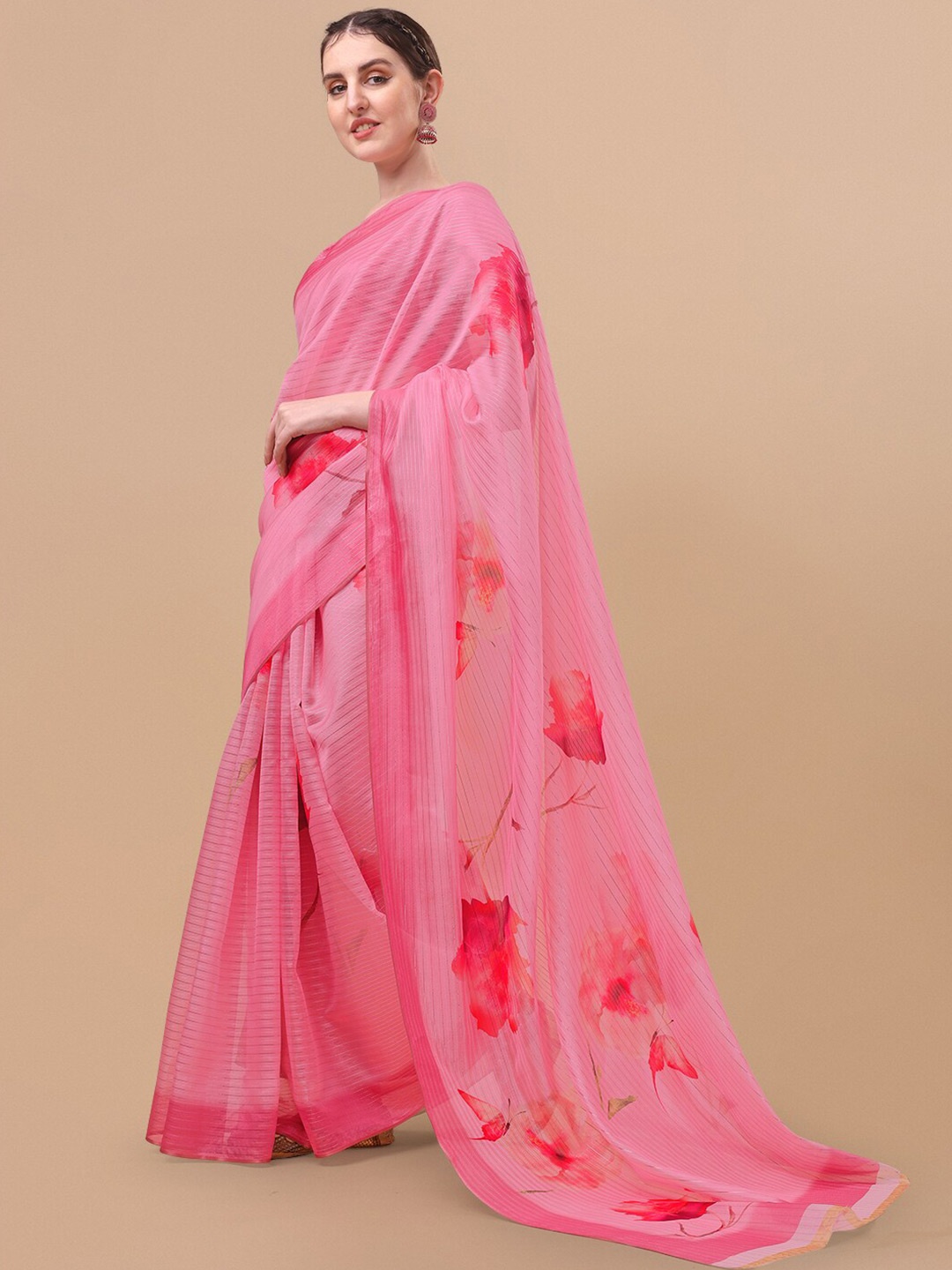 

Sangria Pink & Red Floral Print Organza Saree