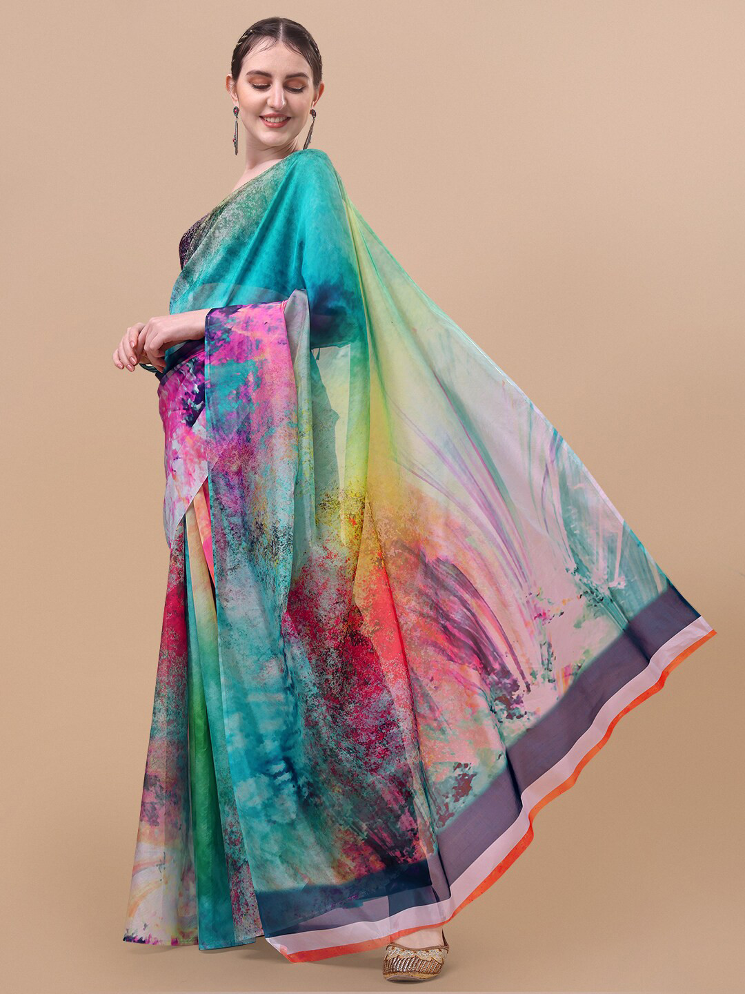 

Sangria Blue & Pink Tie and Dye Organza Saree