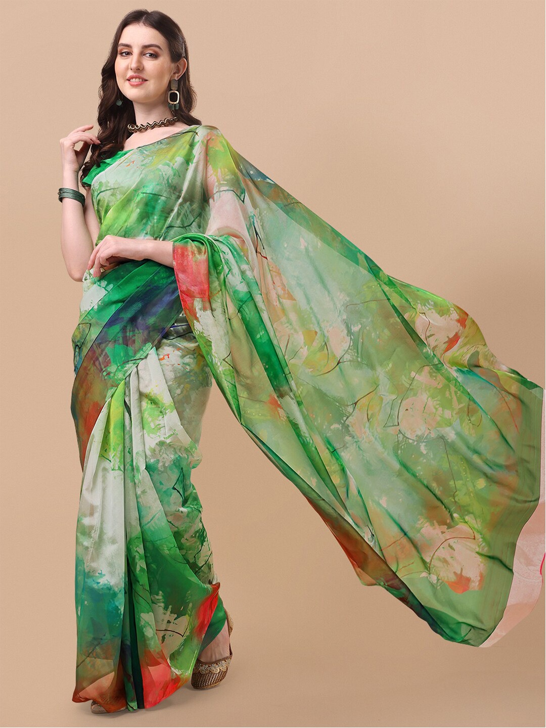 

Sangria Green & Yellow Floral Zari Organza Saree