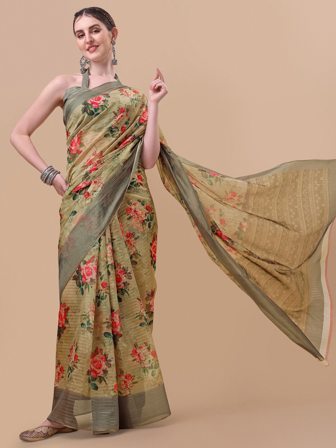 

Sangria Olive Green & Red Floral Zari Organza Saree