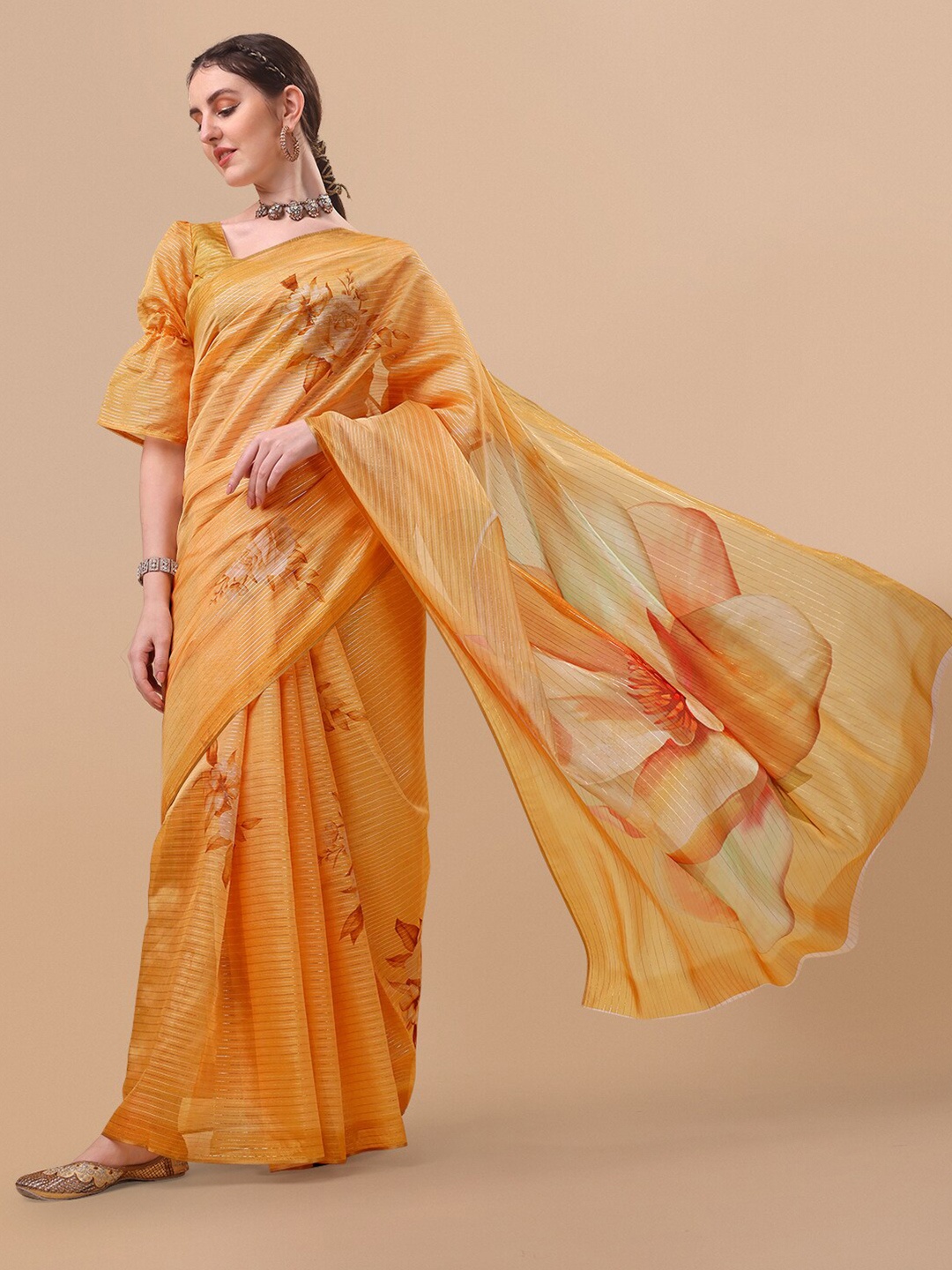 Sangria Mustard & Green Striped Zari Organza Saree