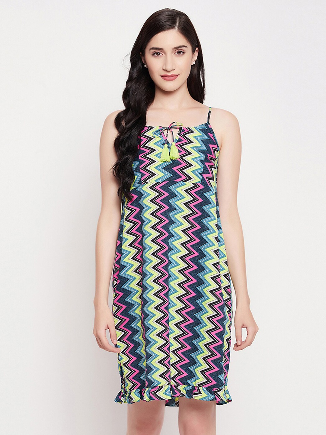 Clovia Women Chevron Print Resort Wear Tie-Up Neck Slip A-Line Dress, Multi