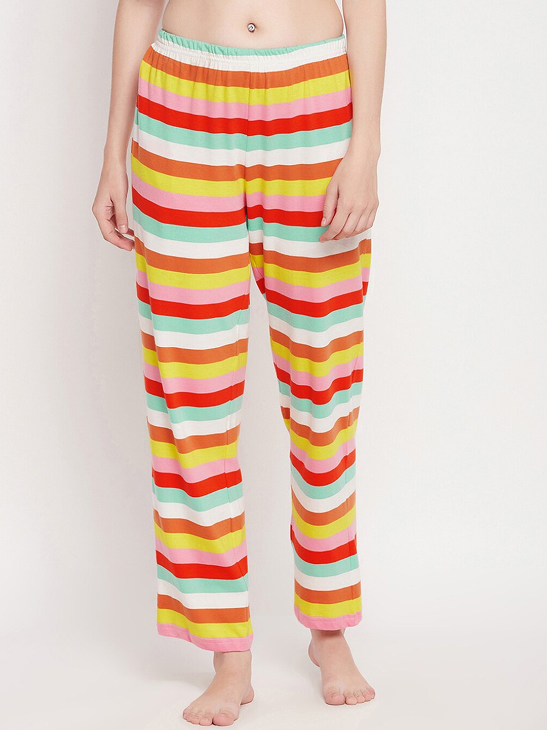 

Clovia Women Pink & Red Striped Pure Cotton Lounge Pants