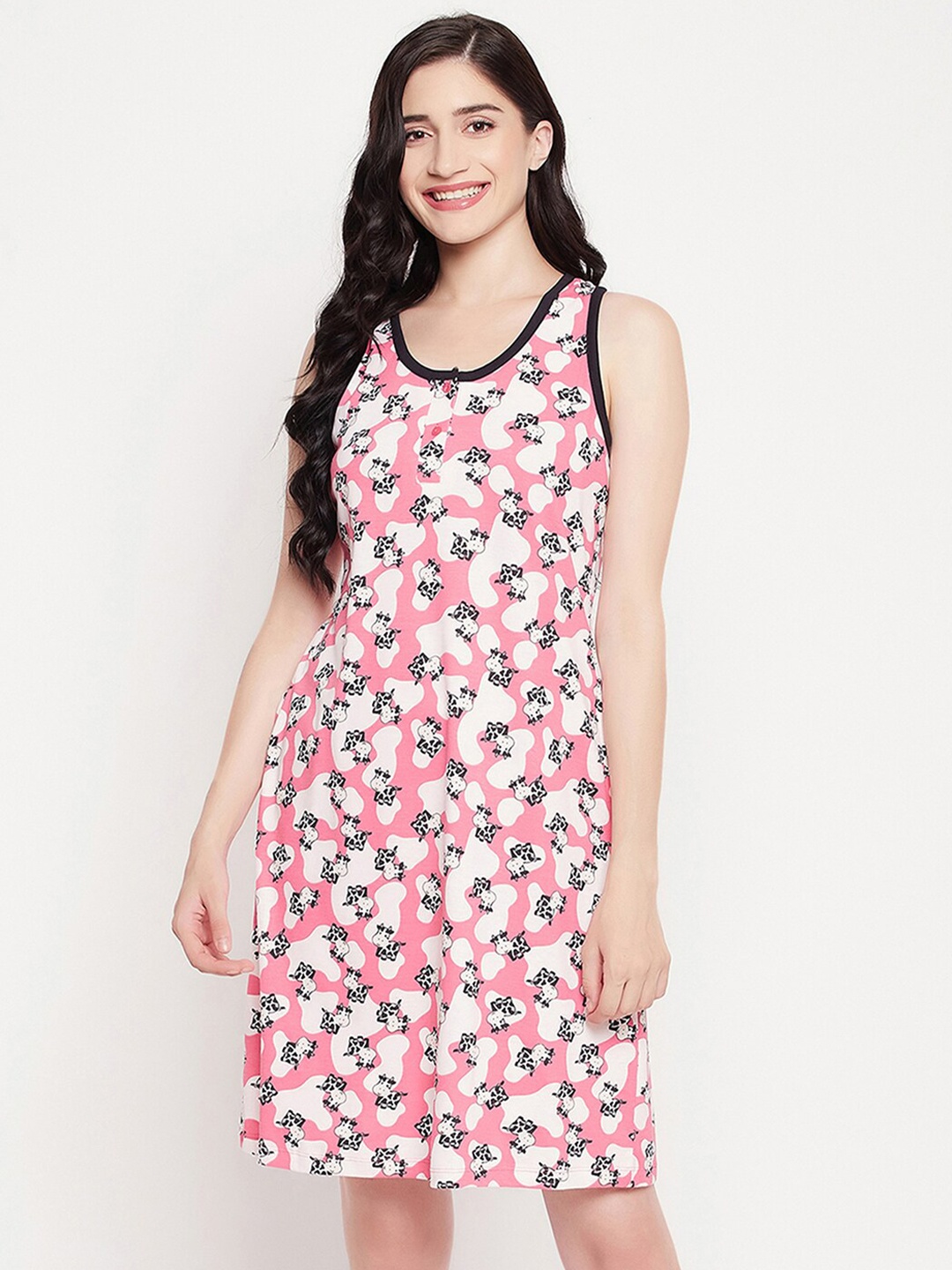 

Clovia Cow Print Pure Cotton Short T-Shirt Nightdress, Pink