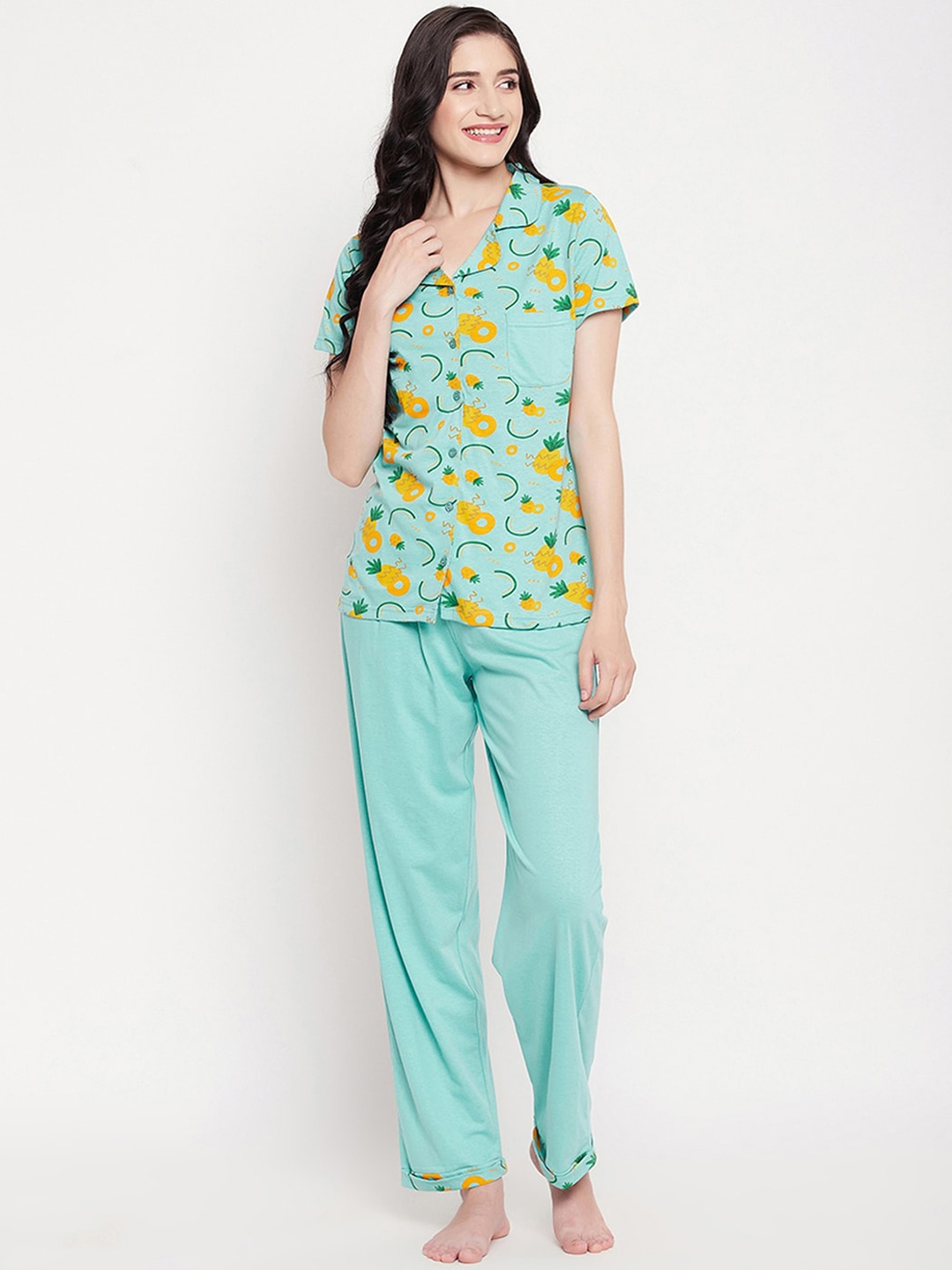 

Clovia Tutti Fruity 100% Cotton Button Down Shirt & Chic Basic Pyjama Night suit, Blue