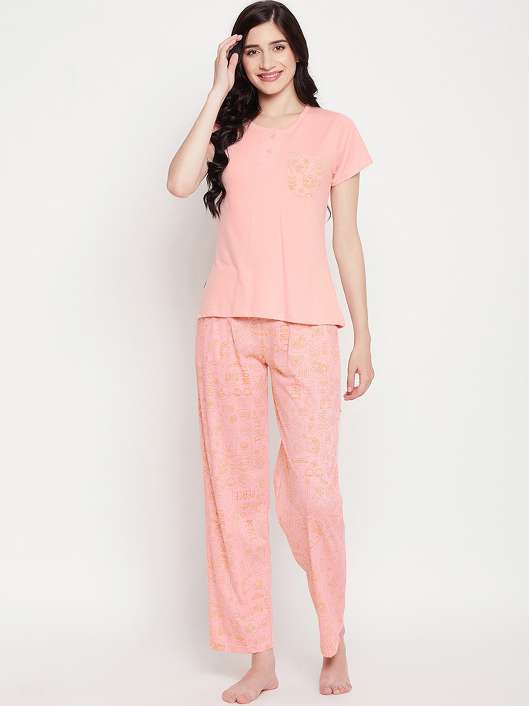 

Clovia Women Pure Cotton Doodle Print Top & Pyjama Set, Pink