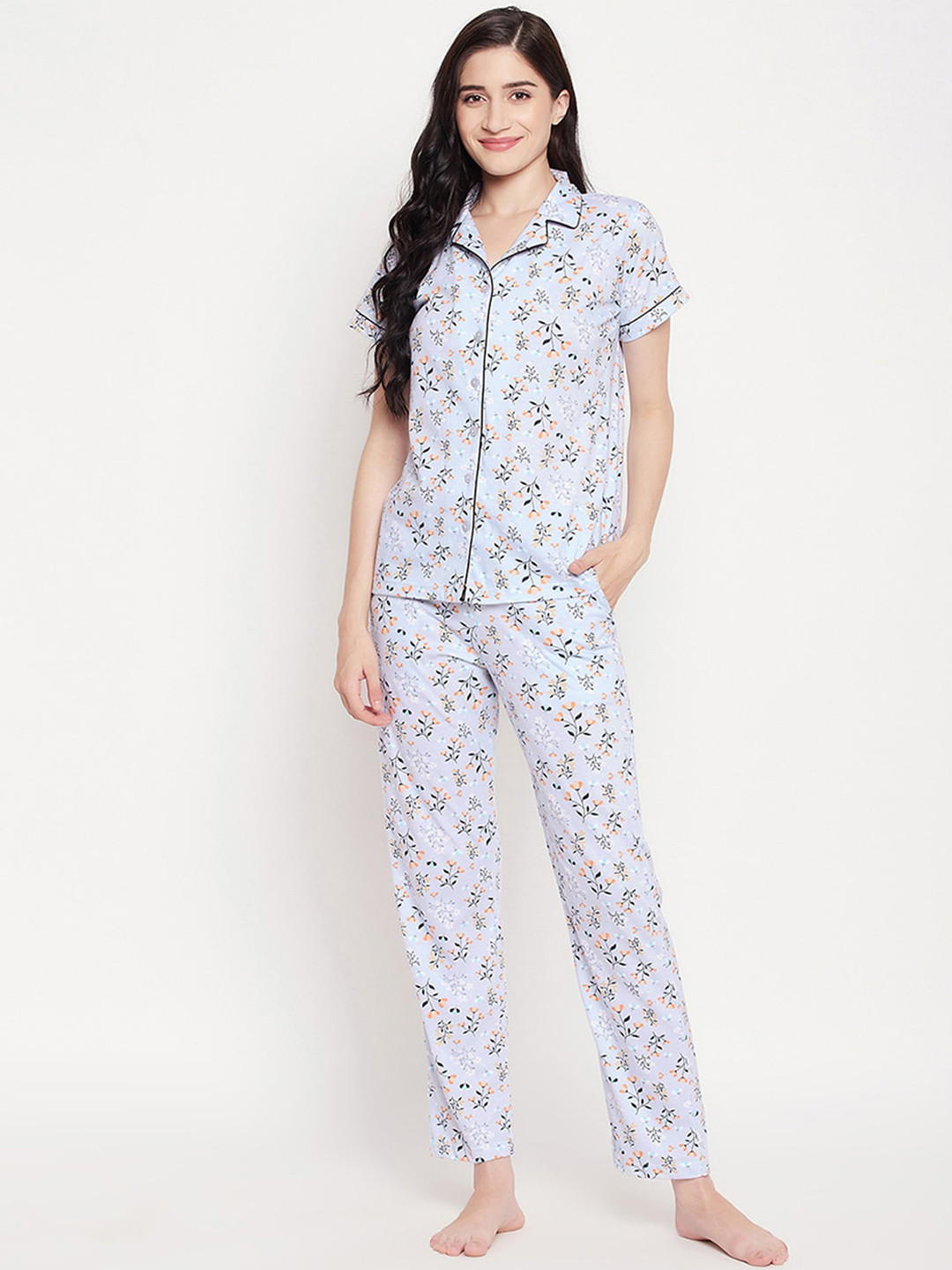 

Clovia Print Me Pretty Button Down Shirt & Pyjama Set, Blue