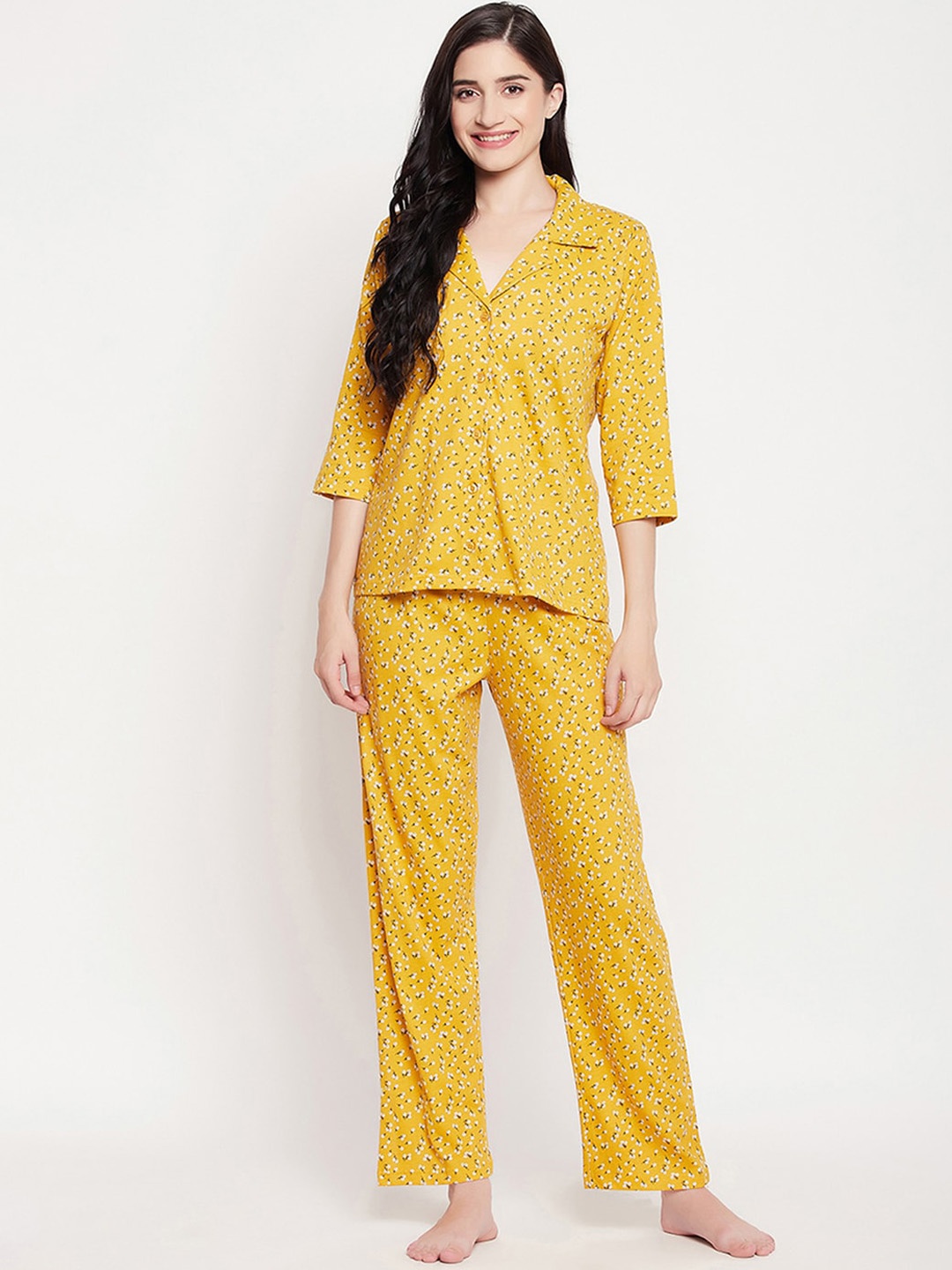 

Clovia Pretty Florals Button Down Shirt & Pyjama Set, Yellow