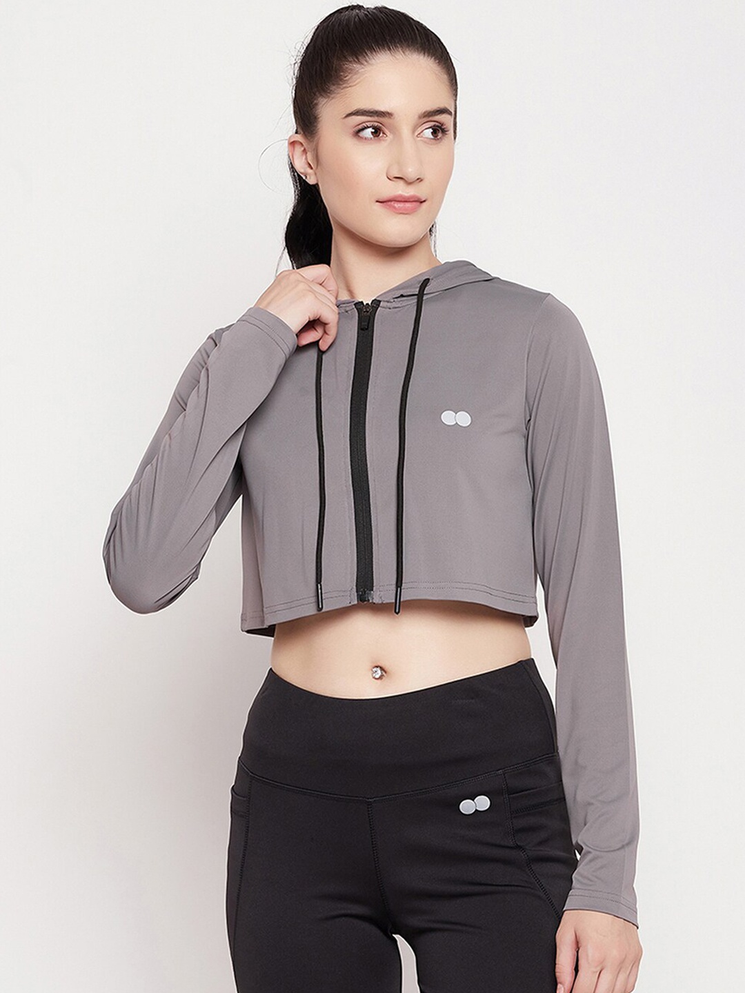 

Clovia Hooded Crop Front Open Sweatshirt, Grey