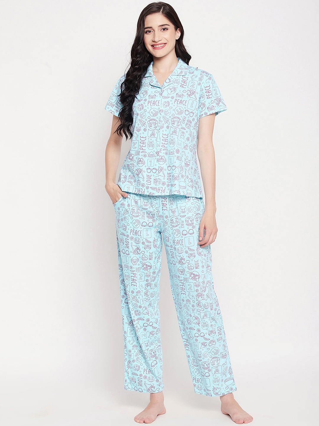 

Clovia Women Pretty Floral Shirt & Pyjama Set, Blue