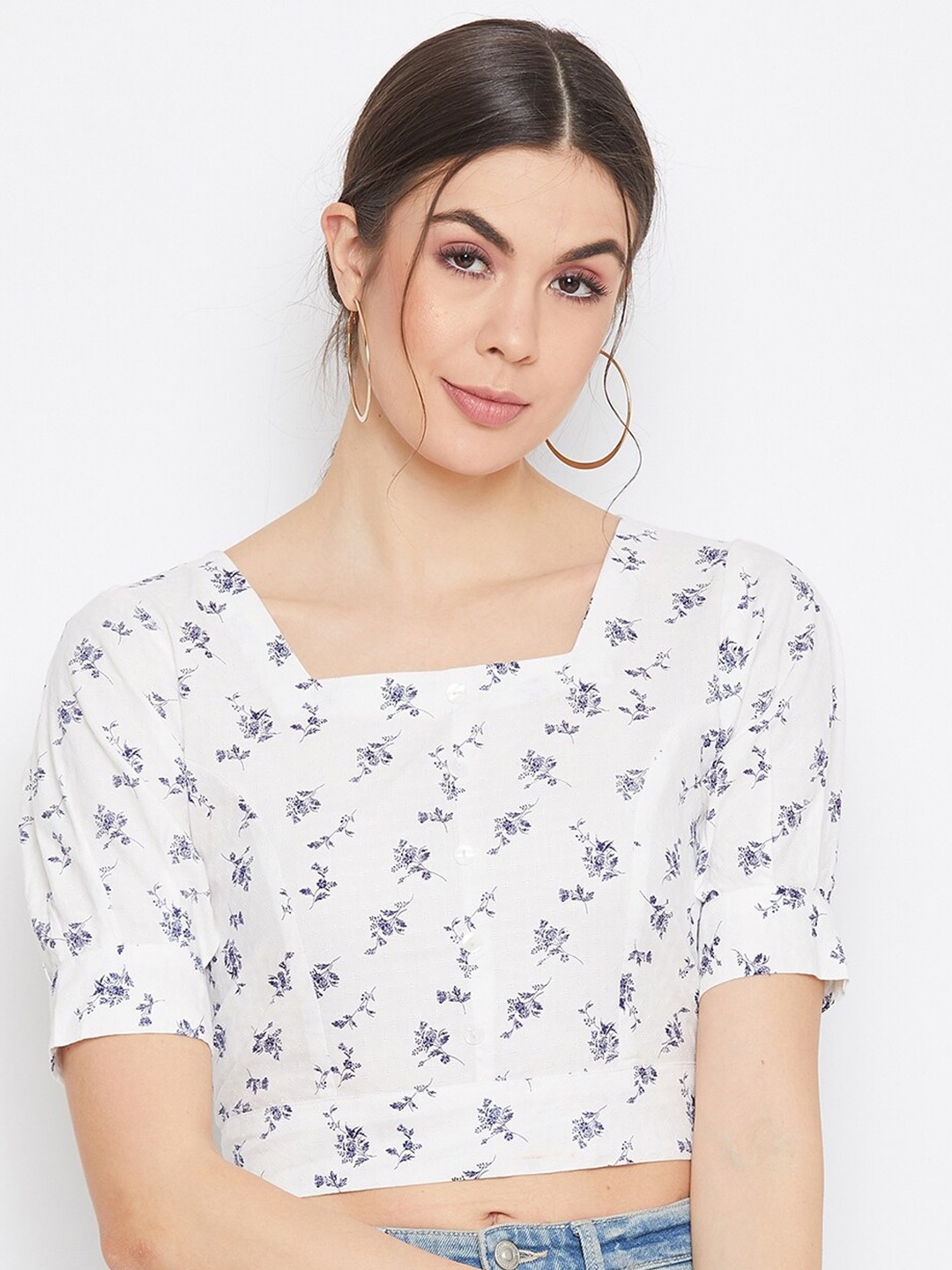

DELAN White Floral Printed Cotton Crop Top