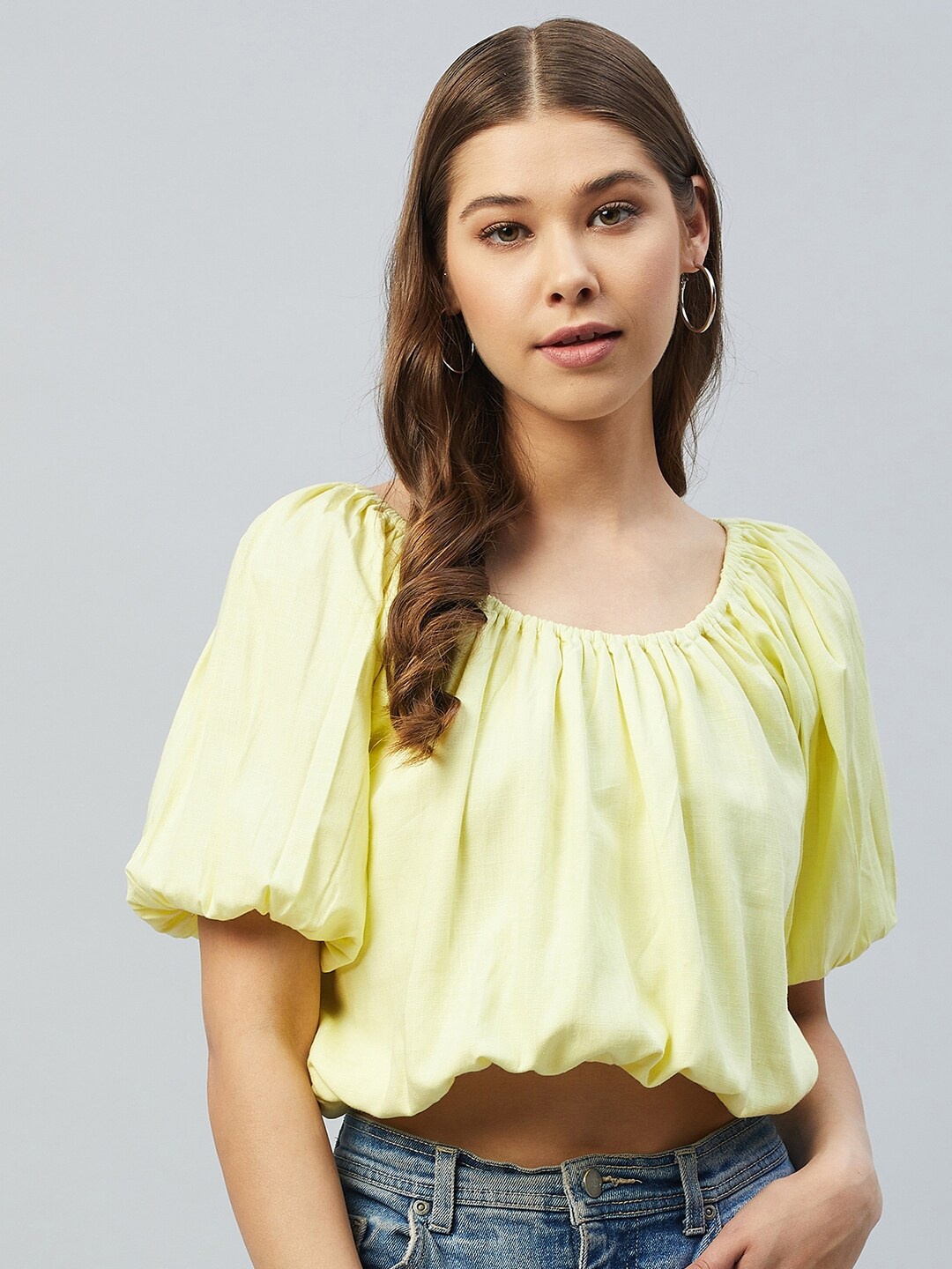 

DELAN Women Yellow Blouson Crop Top