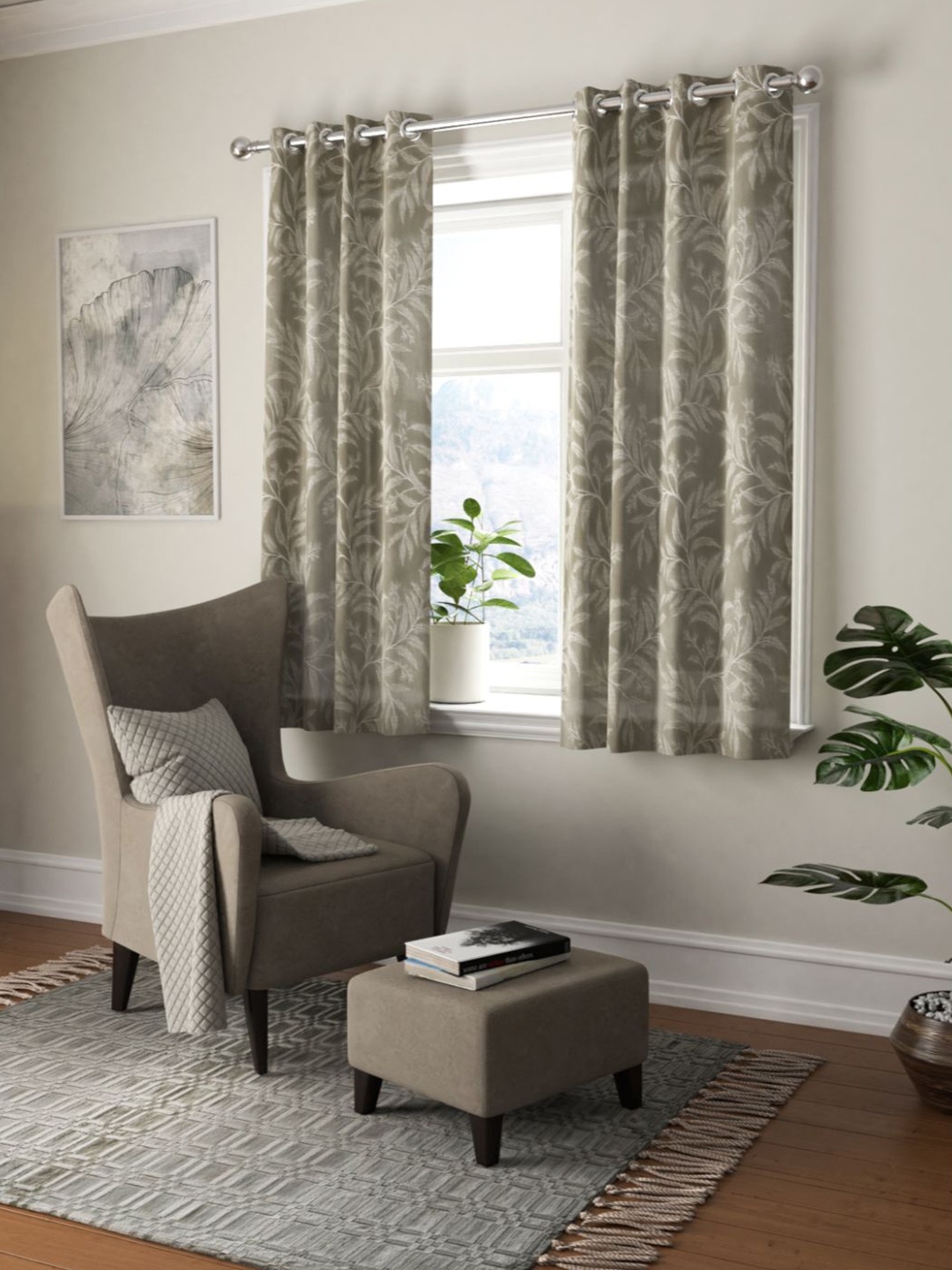 BIANCA Grey 2 Pieces Floral Printed Jacquard Blackout Window Curtains