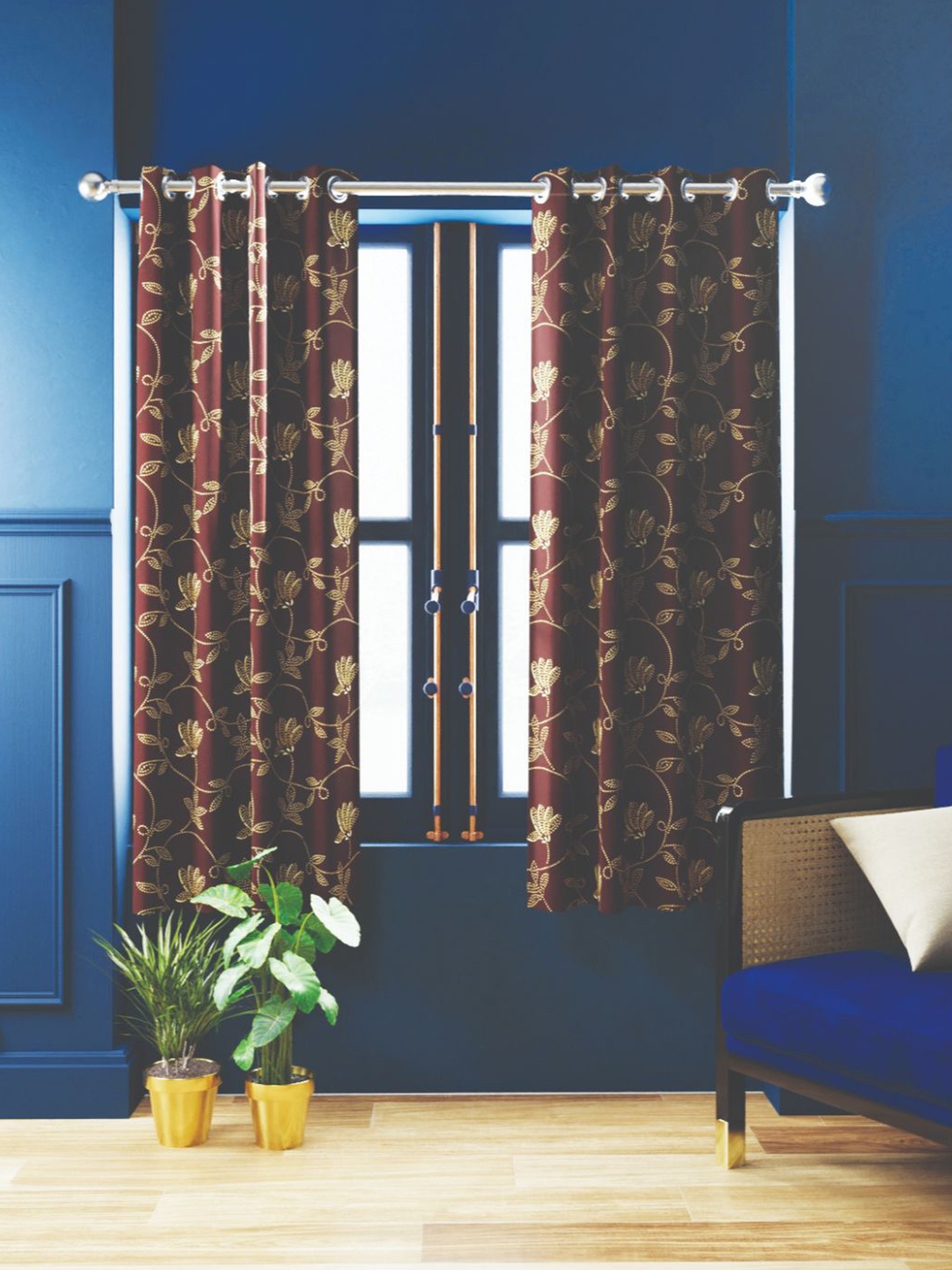BIANCA Brown & Gold-Toned 2 Pieces Floral Printed Black Out Window Curtains