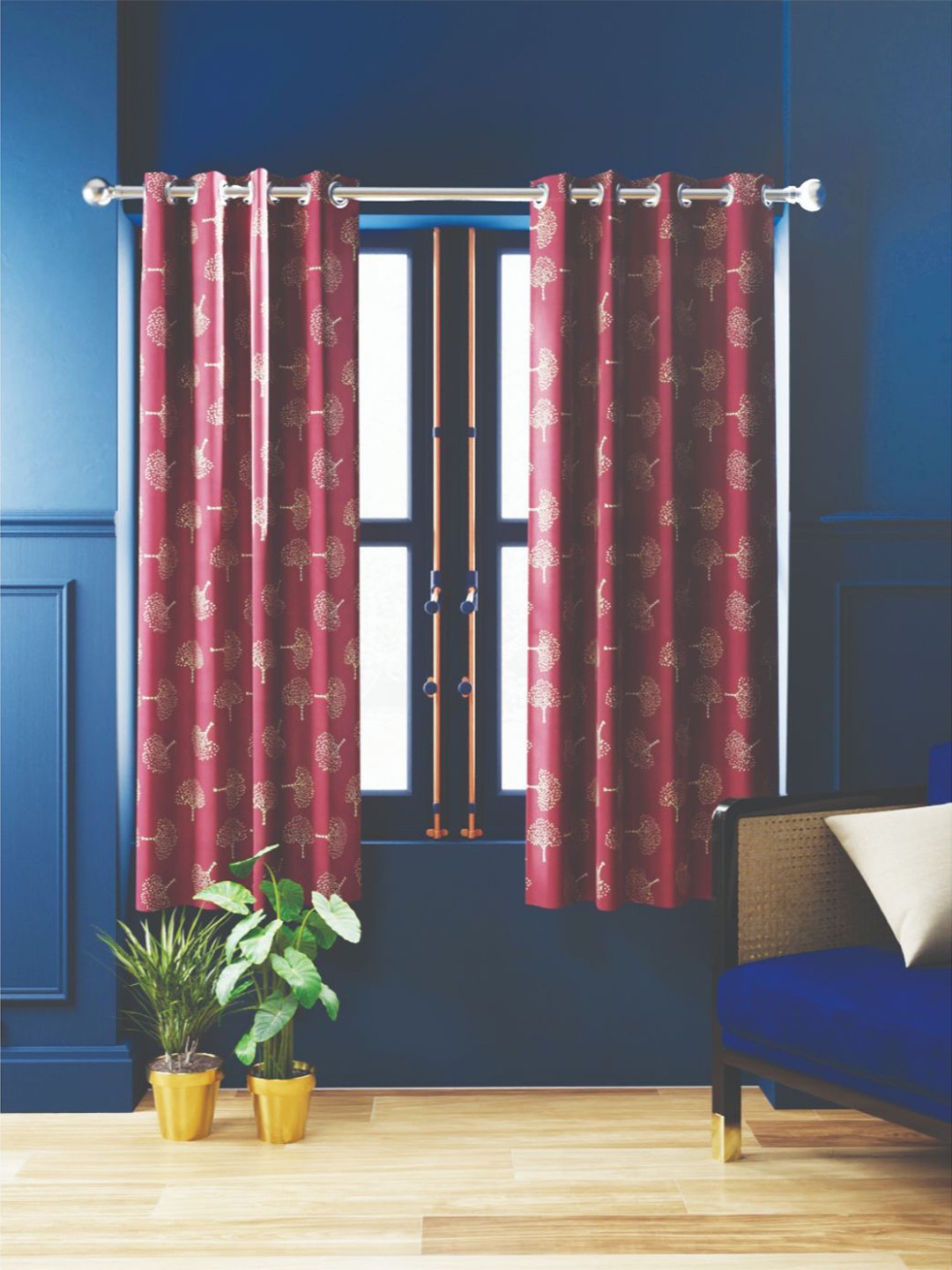 

BIANCA Maroon & Gold-Toned 2 Pieces Floral Printed Black Out Window Curtains