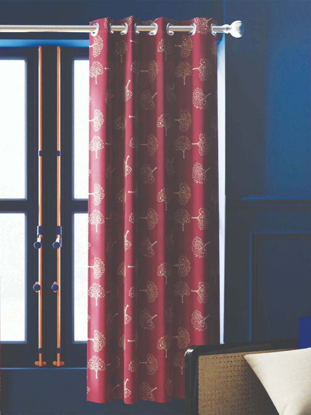 

BIANCA Maroon & Gold-Toned Floral Printed Black Out Window Curtain