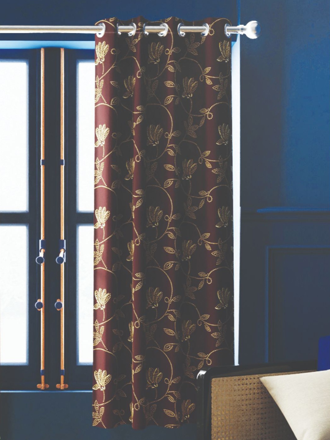

BIANCA Brown & Yellow Floral Printed Black Out Window Curtain