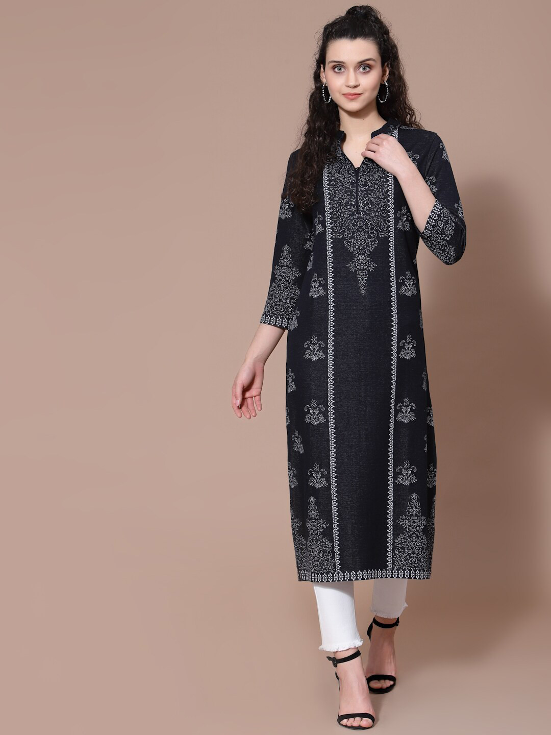 

Wool Trees Women Navy Blue Ethnic Motifs Printed Thread Work Woolen Kurta