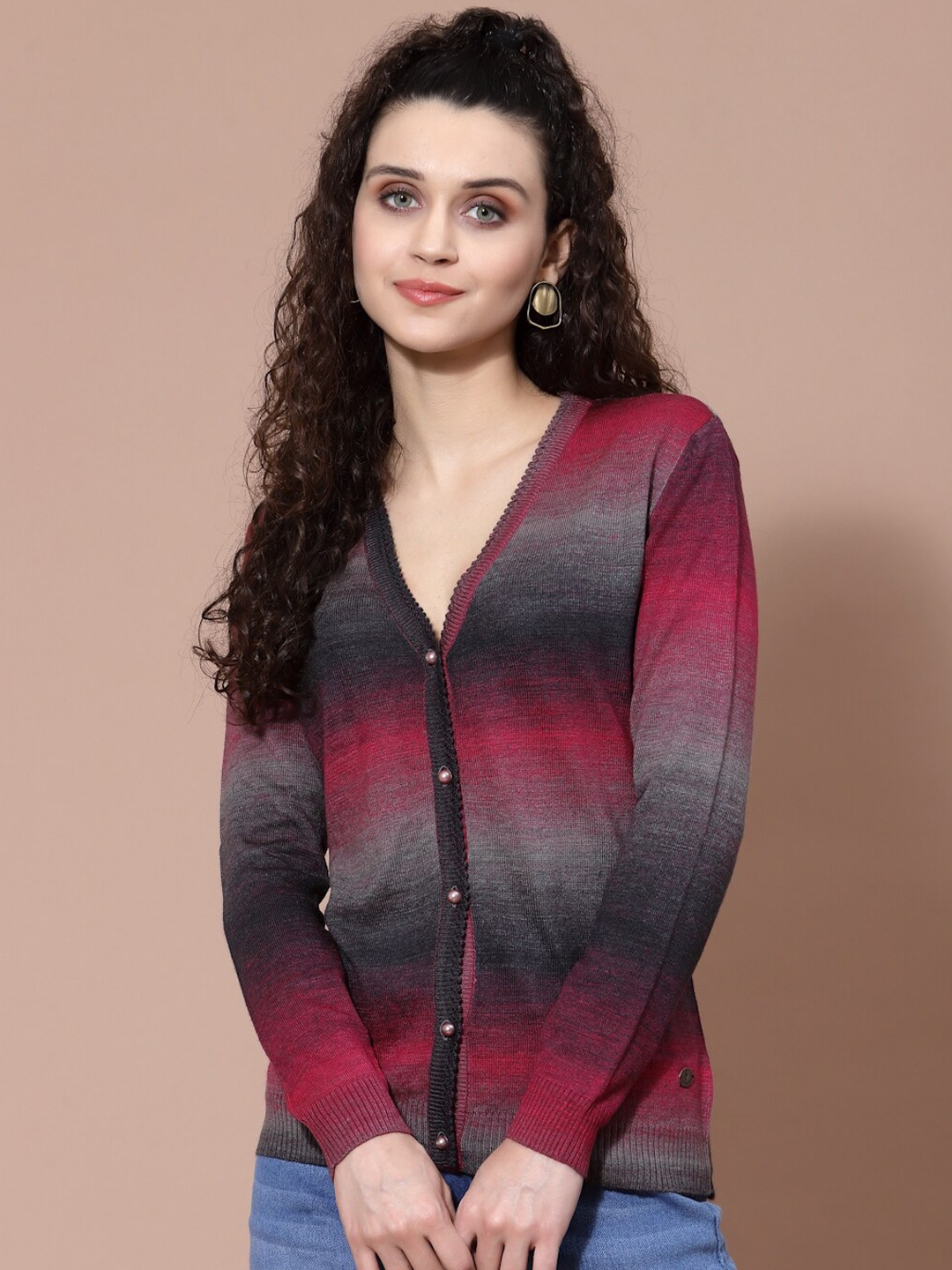 

Wool Trees Women Red & Grey Colourblocked Cardigan