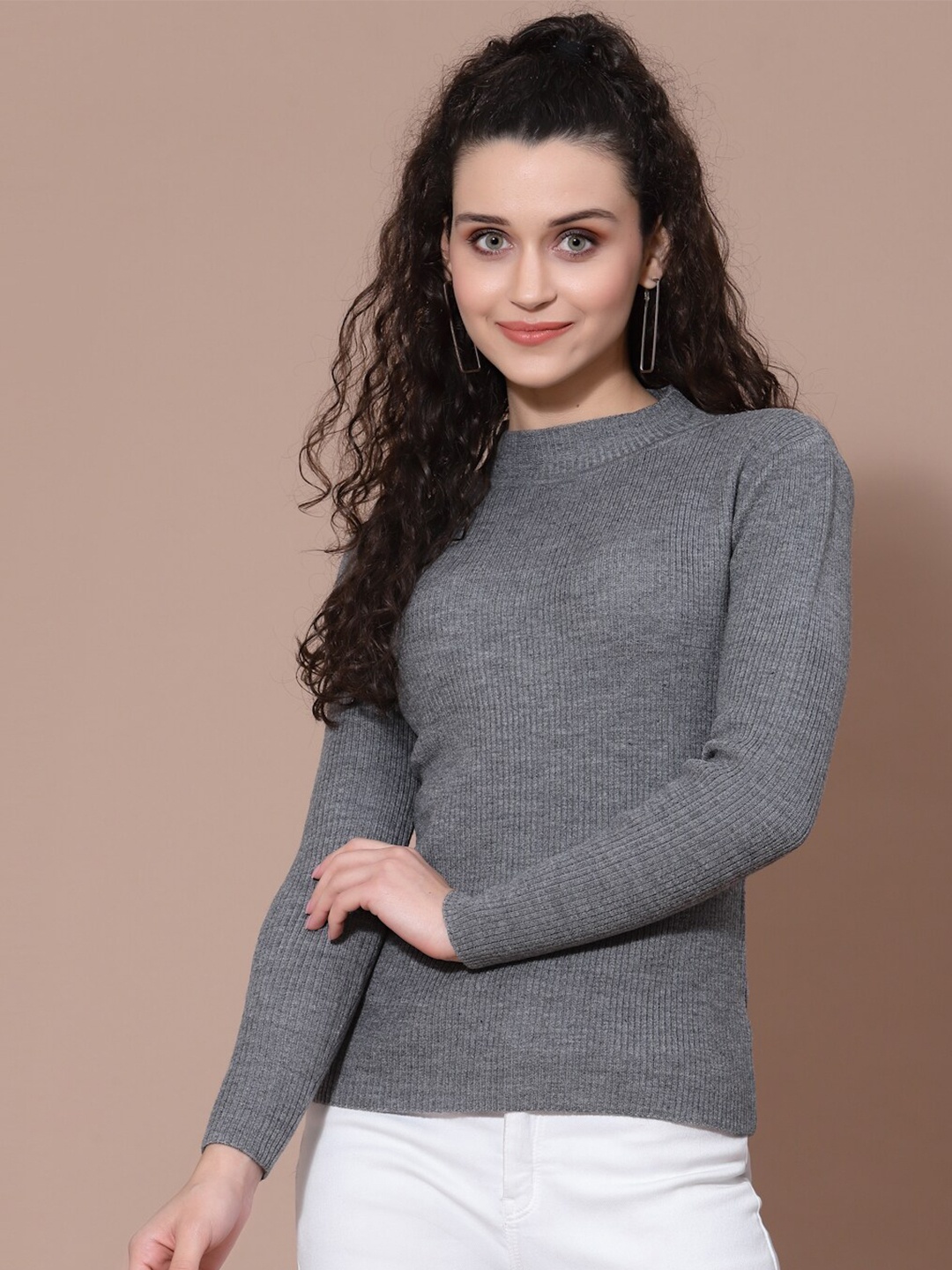

Wool Trees Women Grey Ribbed High Neck Acrylic Pullover