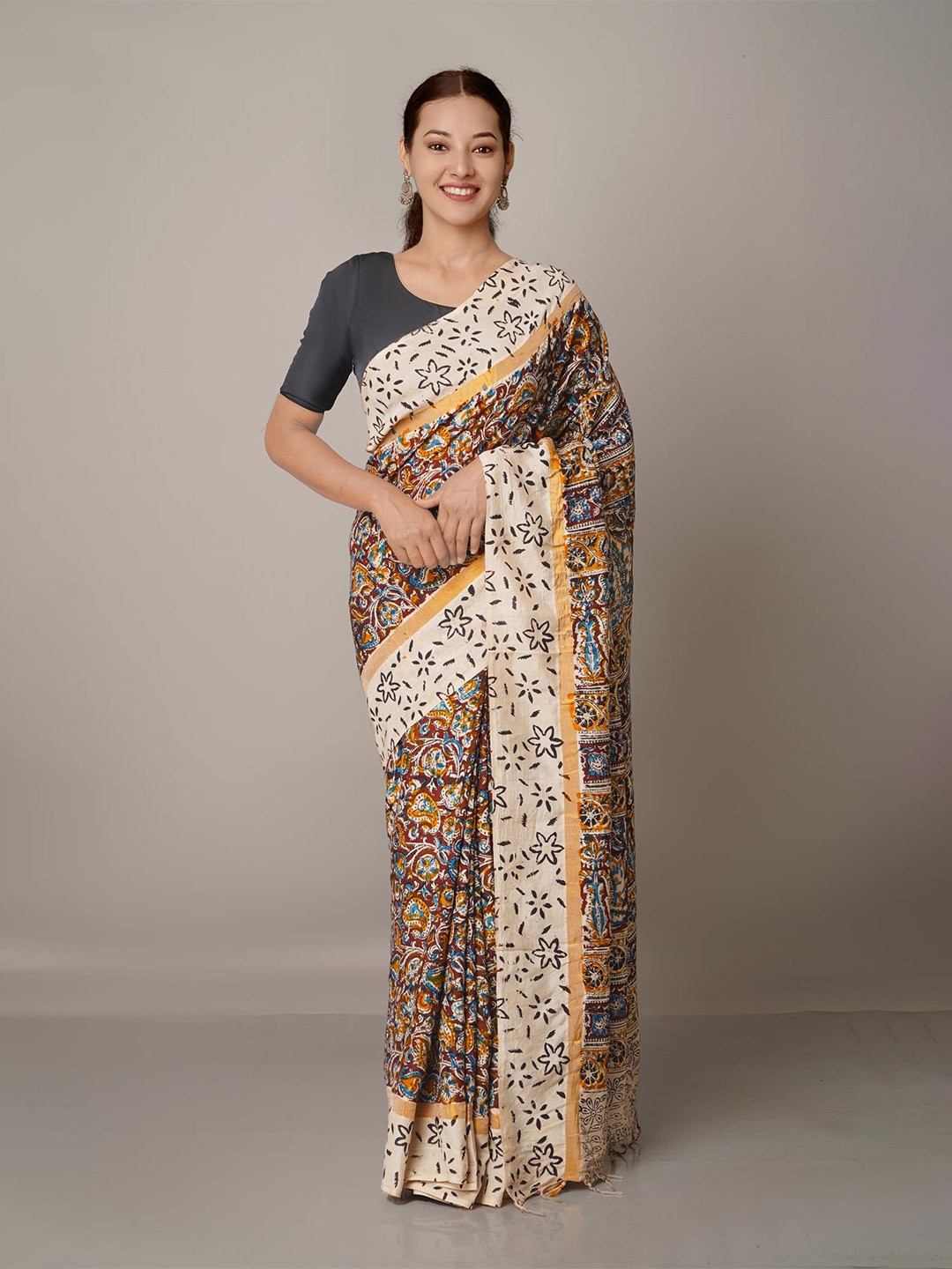 

Unnati Silks Cream-Coloured & Maroon Kalamkari Pure Silk Block Print Saree