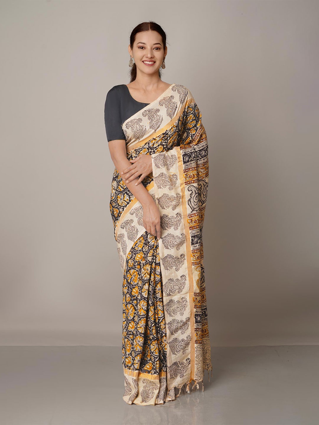 

Unnati Silks Black & Beige Kalamkari Pure Silk Block Print Saree