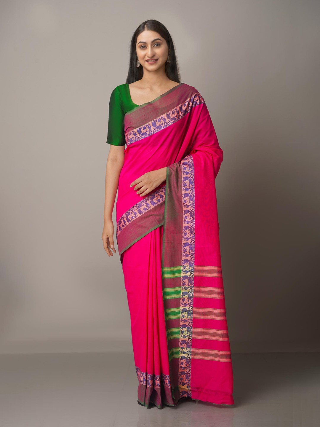 

Unnati Silks Pink & Purple Zari Pure Cotton Venkatgiri Saree