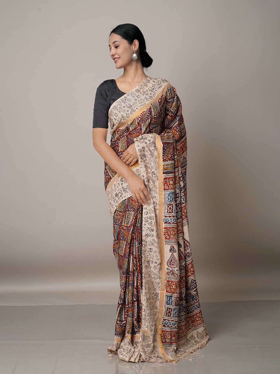 

Unnati Silks Cream-Coloured & Maroon Kalamkari Pure Silk Block Print Saree
