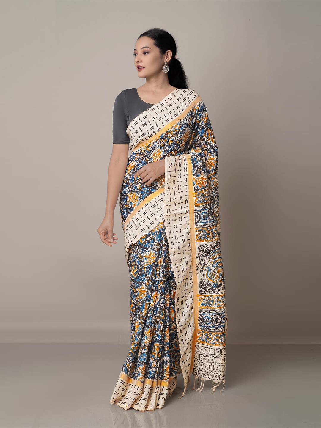 

Unnati Silks White & Blue Kalamkari Pure Silk Block Print Saree