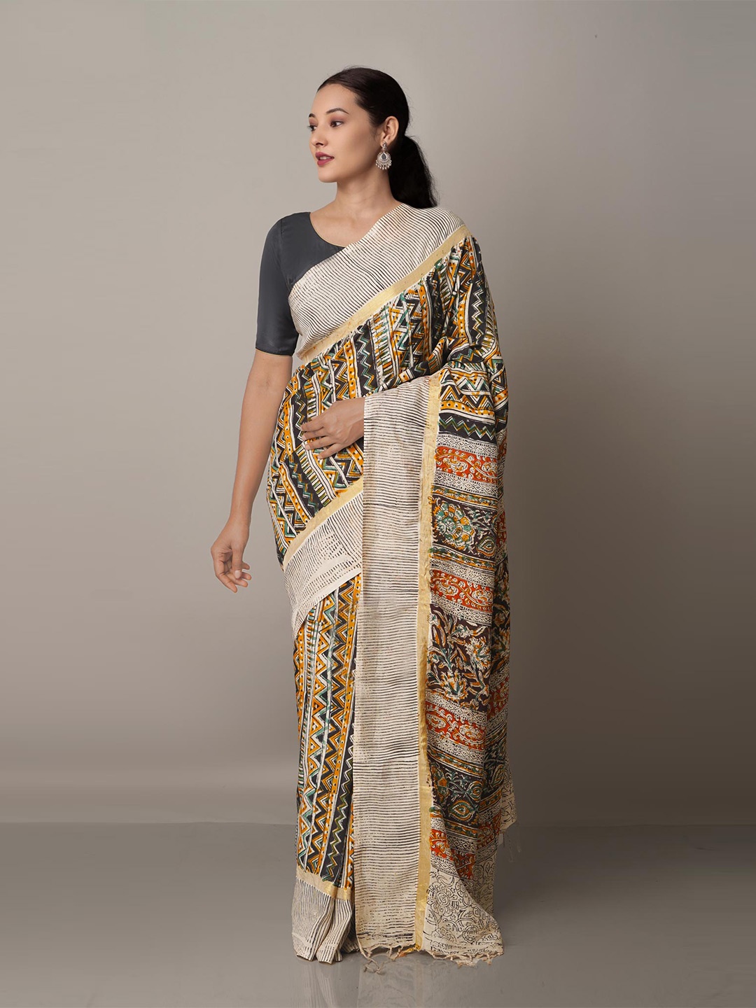 

Unnati Silks Cream-Coloured & Yellow Kalamkari Zari Pure Silk Block Print Saree