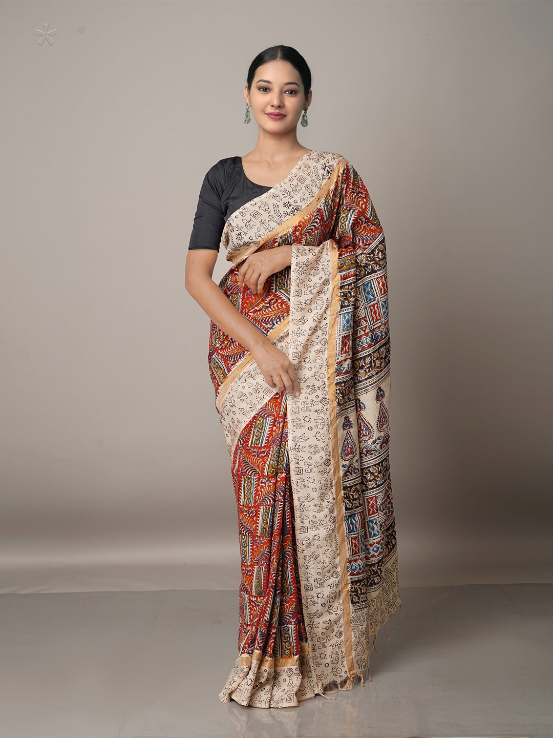 

Unnati Silks Rust & Cream-Coloured Kalamkari Zari Pure Silk Block Print Saree