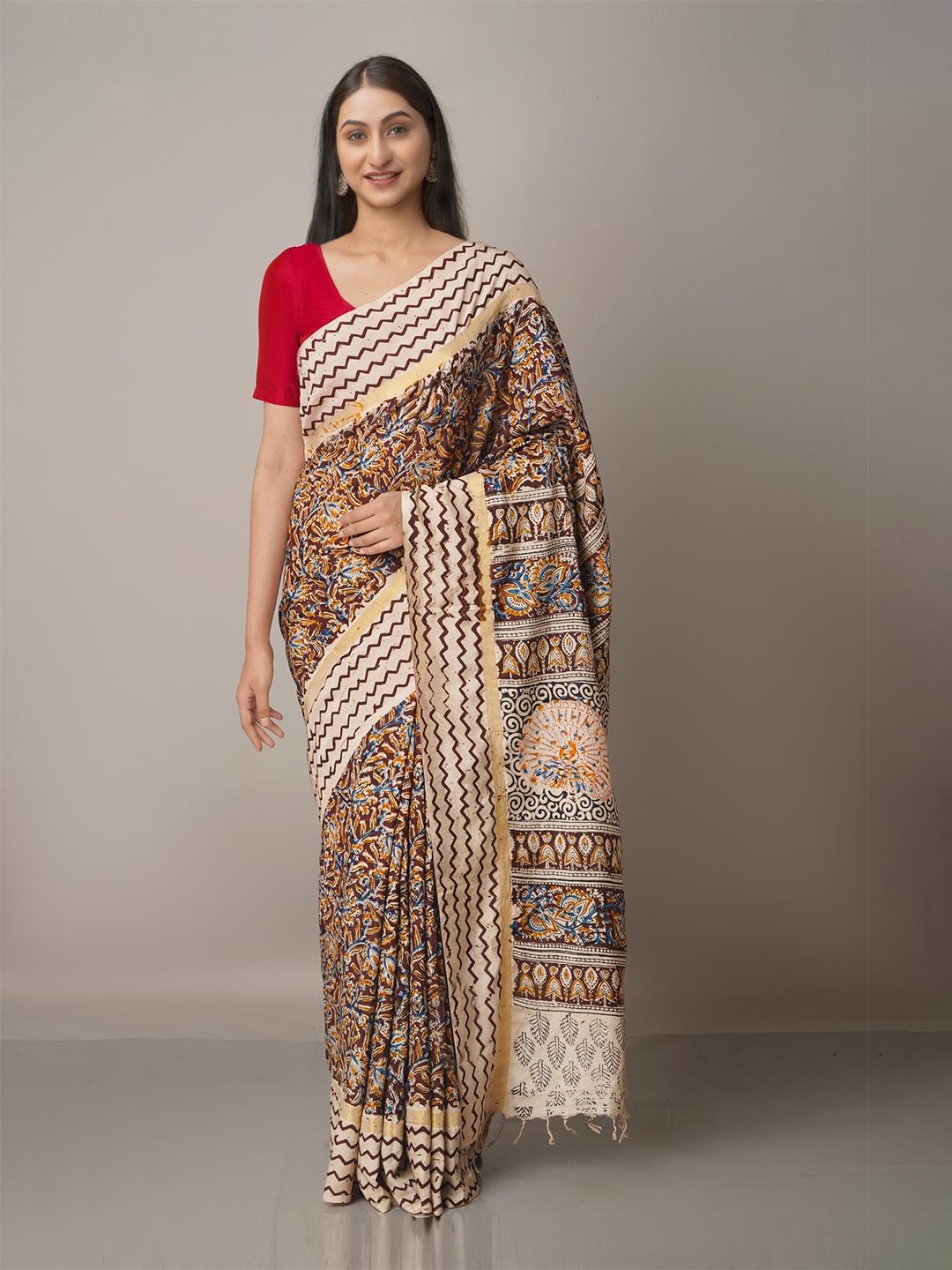 

Unnati Silks Beige & Maroon Ethnic Motifs Pure Silk Block Print Saree