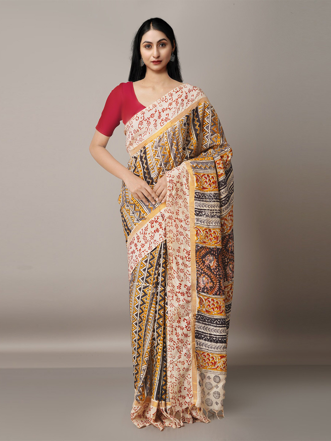 

Unnati Silks Brown & Navy Blue Kalamkari Pure Silk Block Print Saree