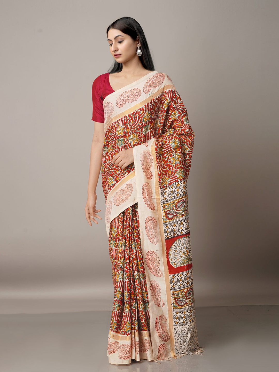 

Unnati Silks Red & Cream-Coloured Kalamkari Pure Silk Block Print Saree
