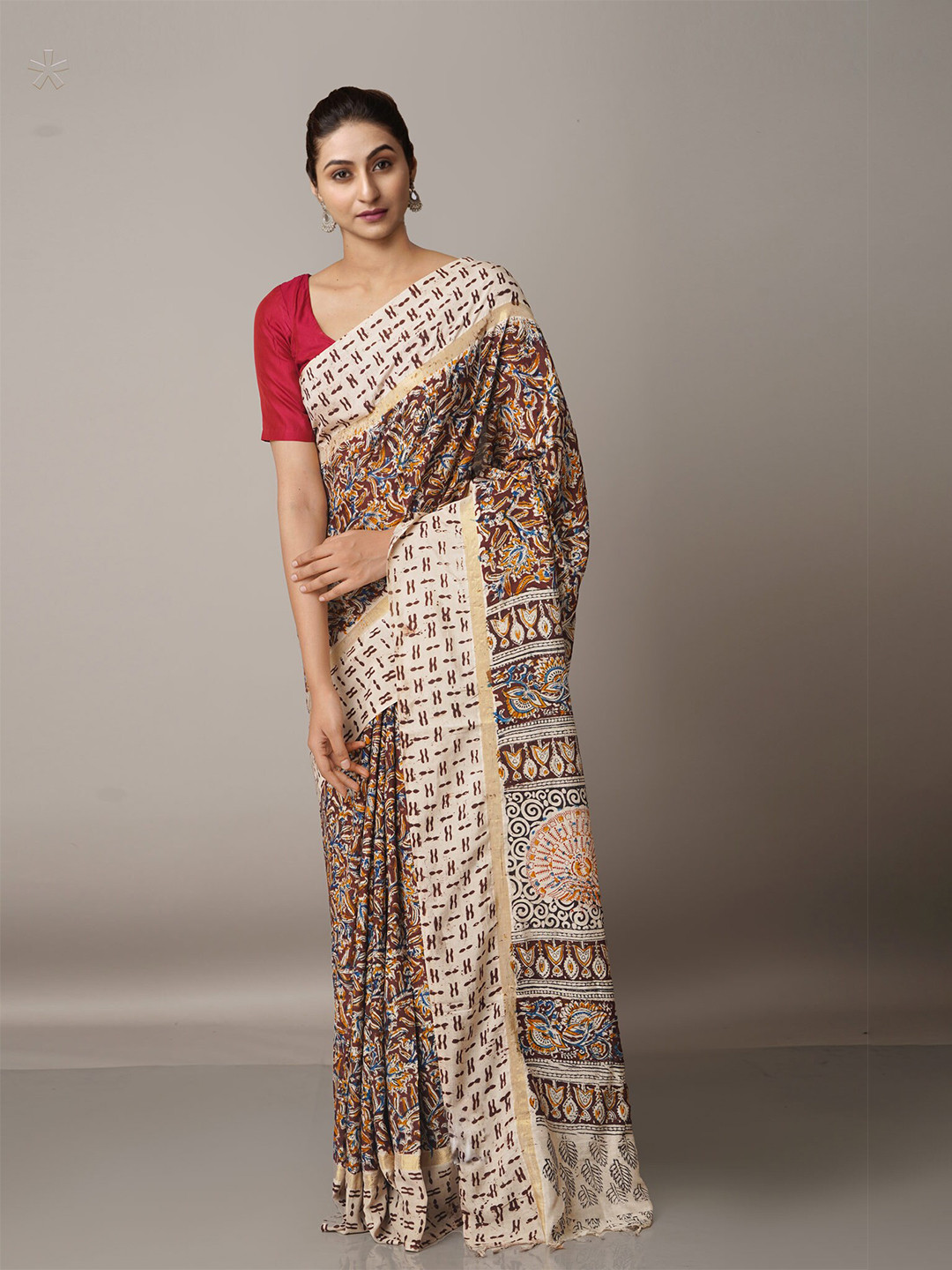 

Unnati Silks Red & Cream-Coloured Kalamkari Pure Silk Block Print Saree